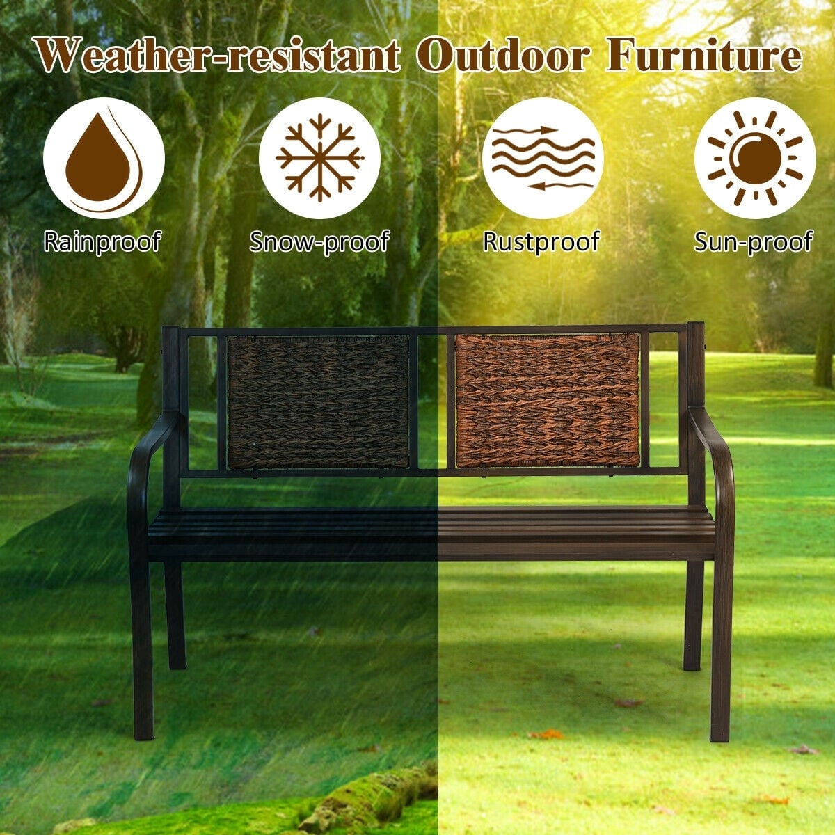 Outdoor Porch Furniture Patio Garden Bench Steel Frame Rattan-Outdoor Benches-DECOROLALA