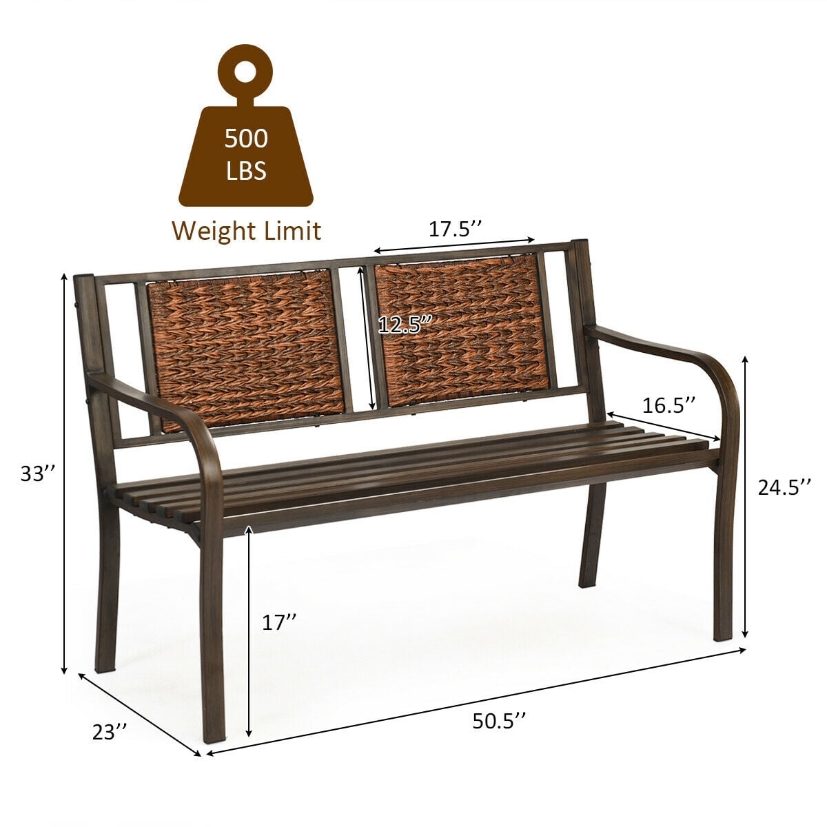 Outdoor Porch Furniture Patio Garden Bench Steel Frame Rattan-Outdoor Benches-DECOROLALA