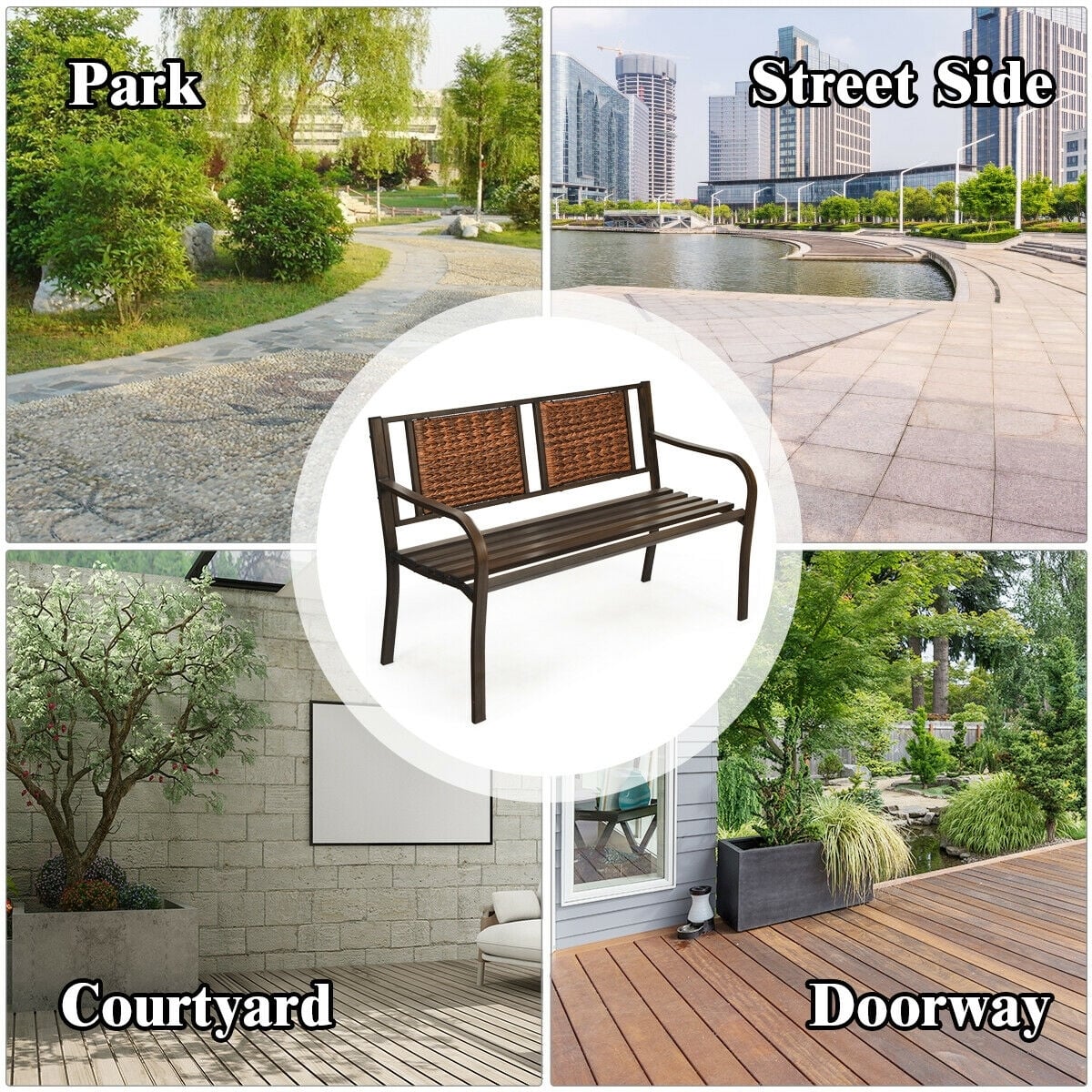Outdoor Porch Furniture Patio Garden Bench Steel Frame Rattan-Outdoor Benches-DECOROLALA