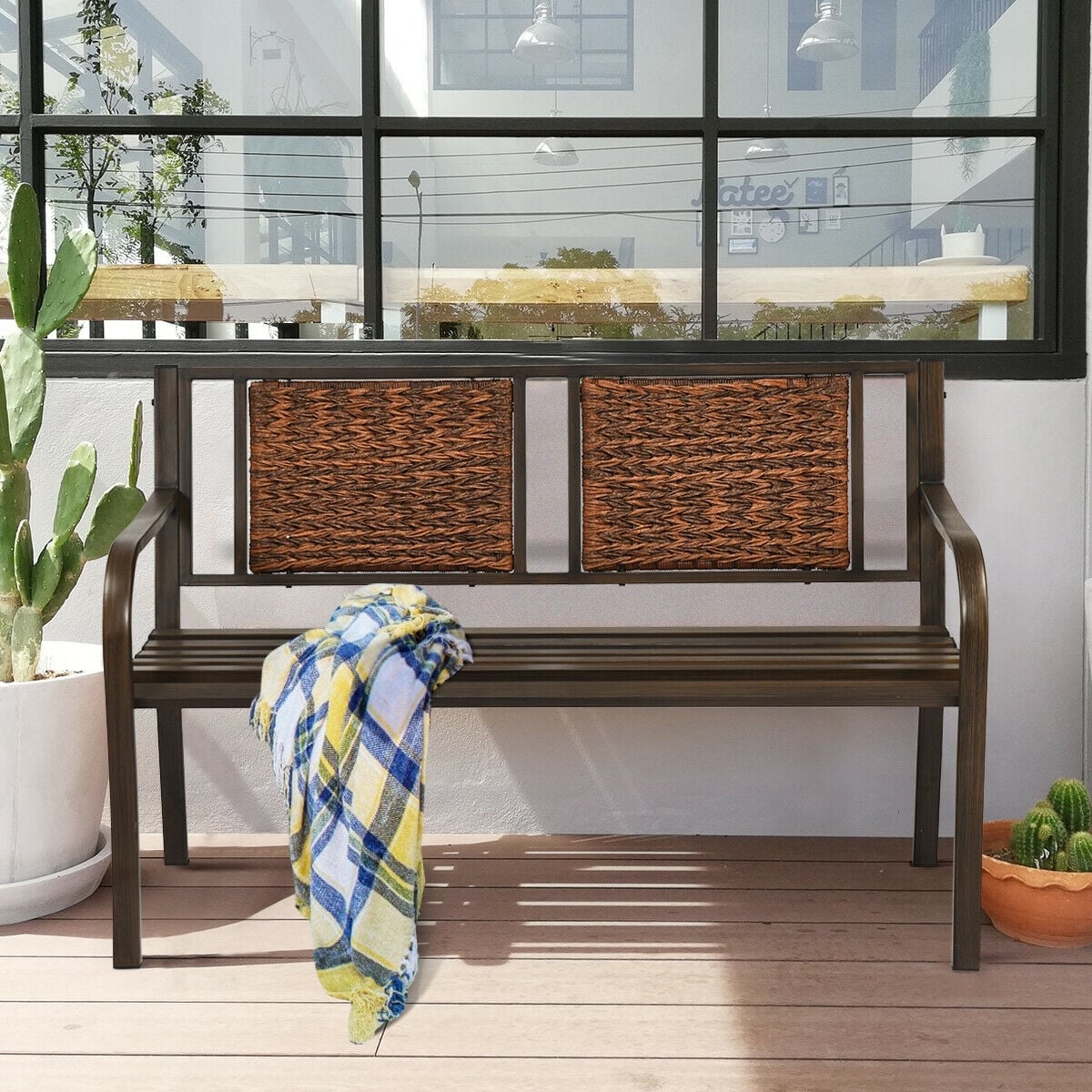 Outdoor Porch Furniture Patio Garden Bench Steel Frame Rattan-Outdoor Benches-DECOROLALA