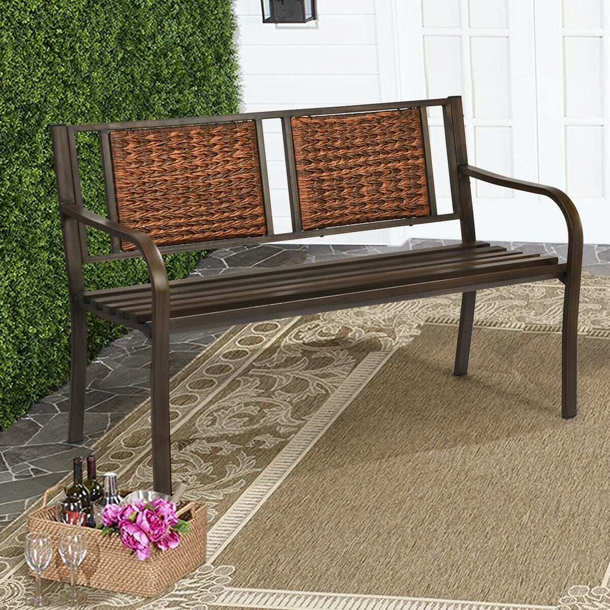 Outdoor Porch Furniture Patio Garden Bench Steel Frame Rattan-Outdoor Benches-DECOROLALA