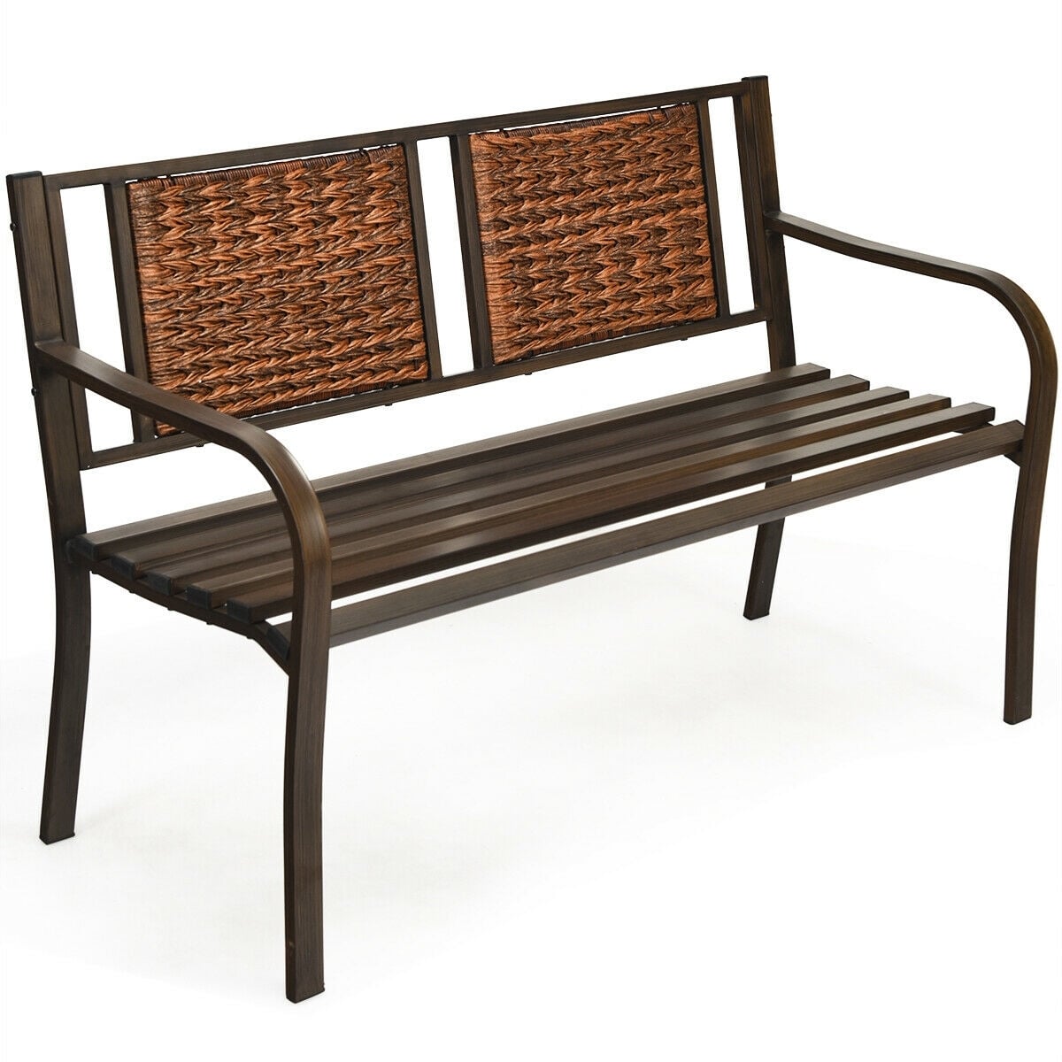 Outdoor Porch Furniture Patio Garden Bench Steel Frame Rattan-Outdoor Benches-DECOROLALA