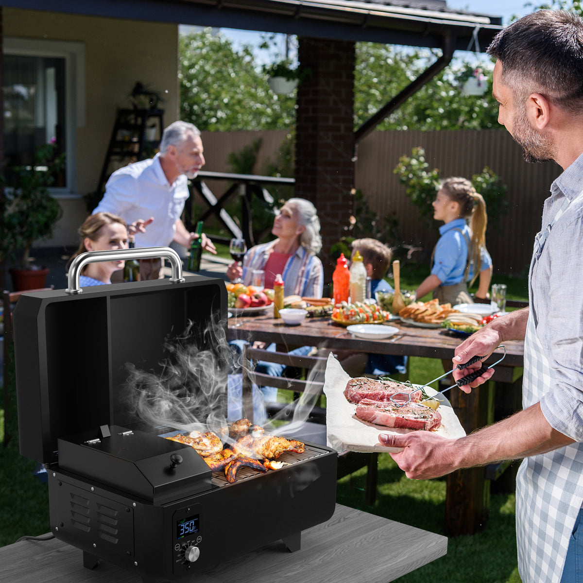 Outdoor Portable Tabletop Pellet Grill and Smoker with Digital Control System for BBQ-Black-Outdoor Grills-DECOROLALA
