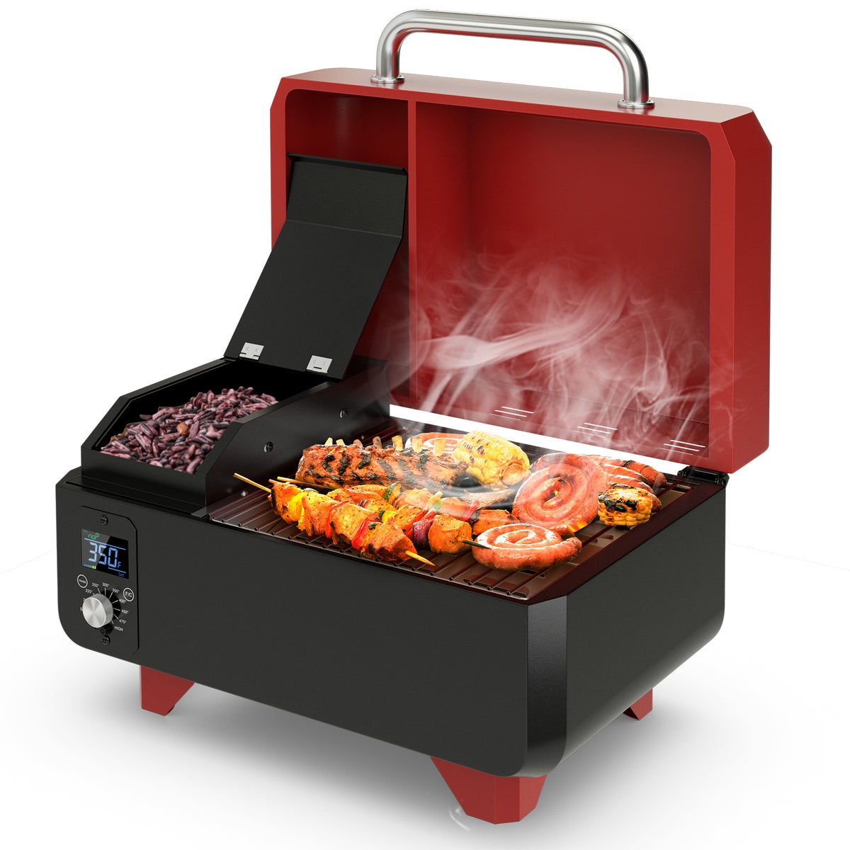 Outdoor Portable Tabletop Pellet Grill and Smoker with Digital Control System for BBQ-Red-Outdoor Grills-DECOROLALA