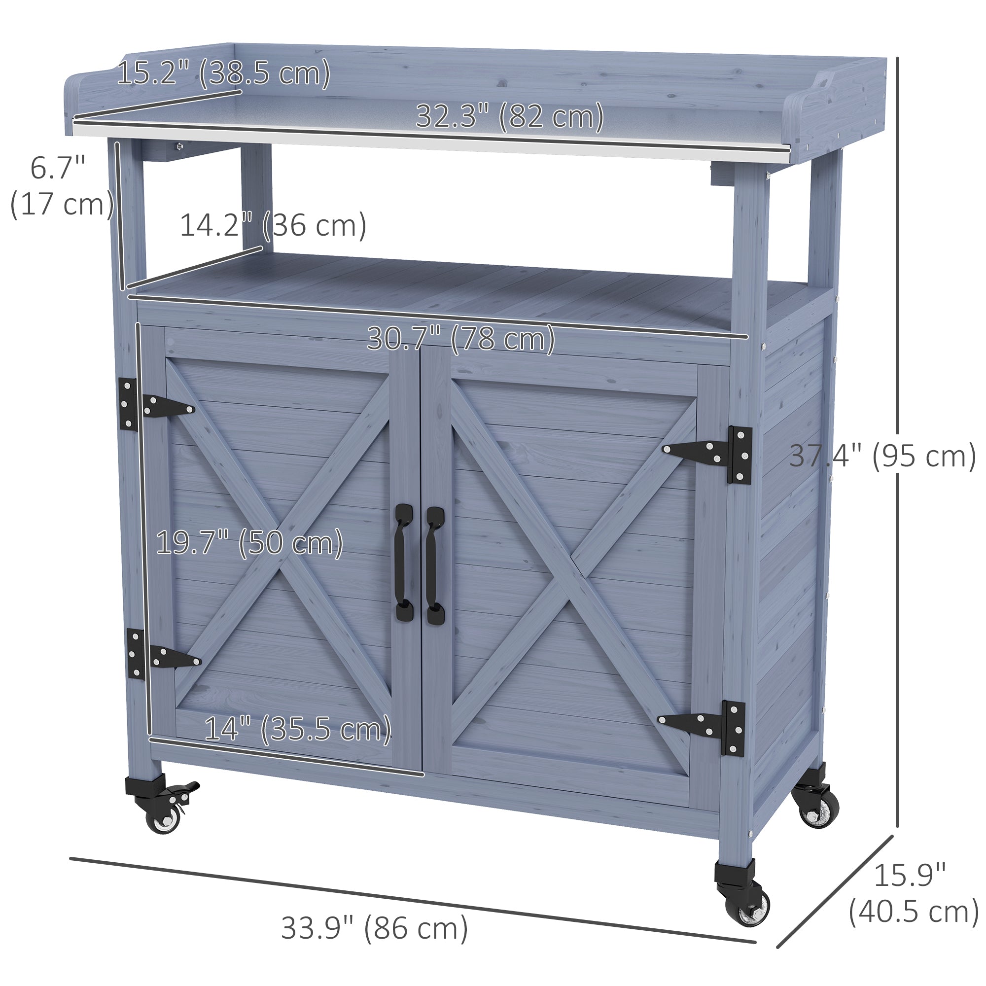 Outdoor Potting Bench, Grey, Wooden, Aluminum Tabletop, Rubber Wheels, Storage-DECOROLALA