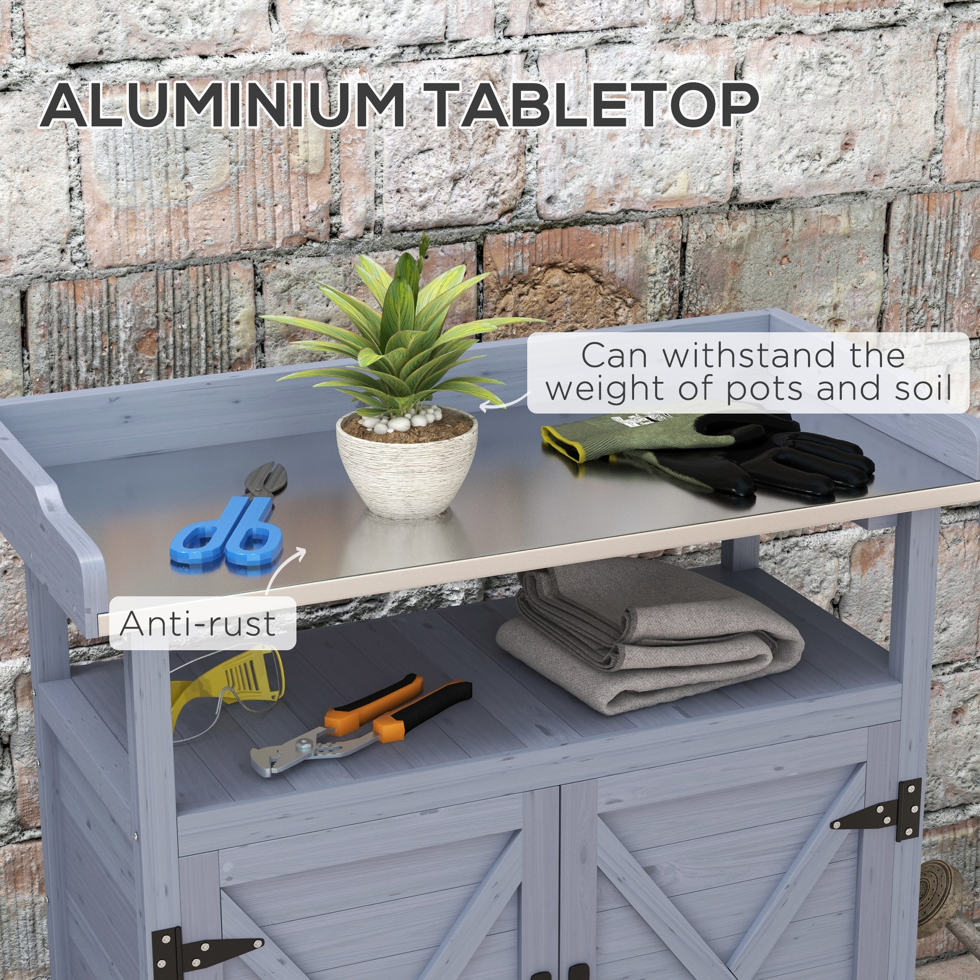Outdoor Potting Bench, Grey, Wooden, Aluminum Tabletop, Rubber Wheels, Storage-DECOROLALA