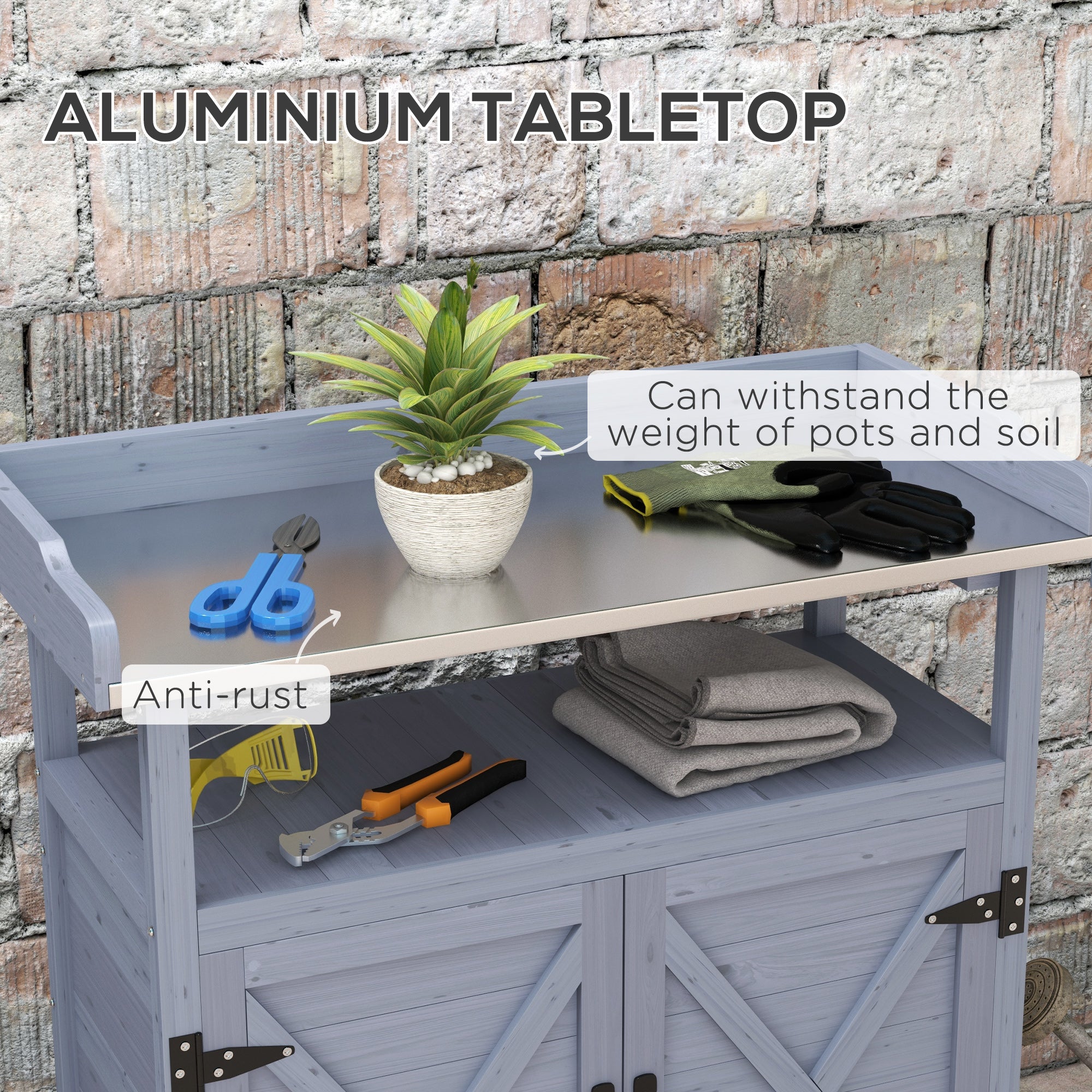 Outdoor Potting Bench, Grey, Wooden, Aluminum Tabletop, Rubber Wheels, Storage-DECOROLALA