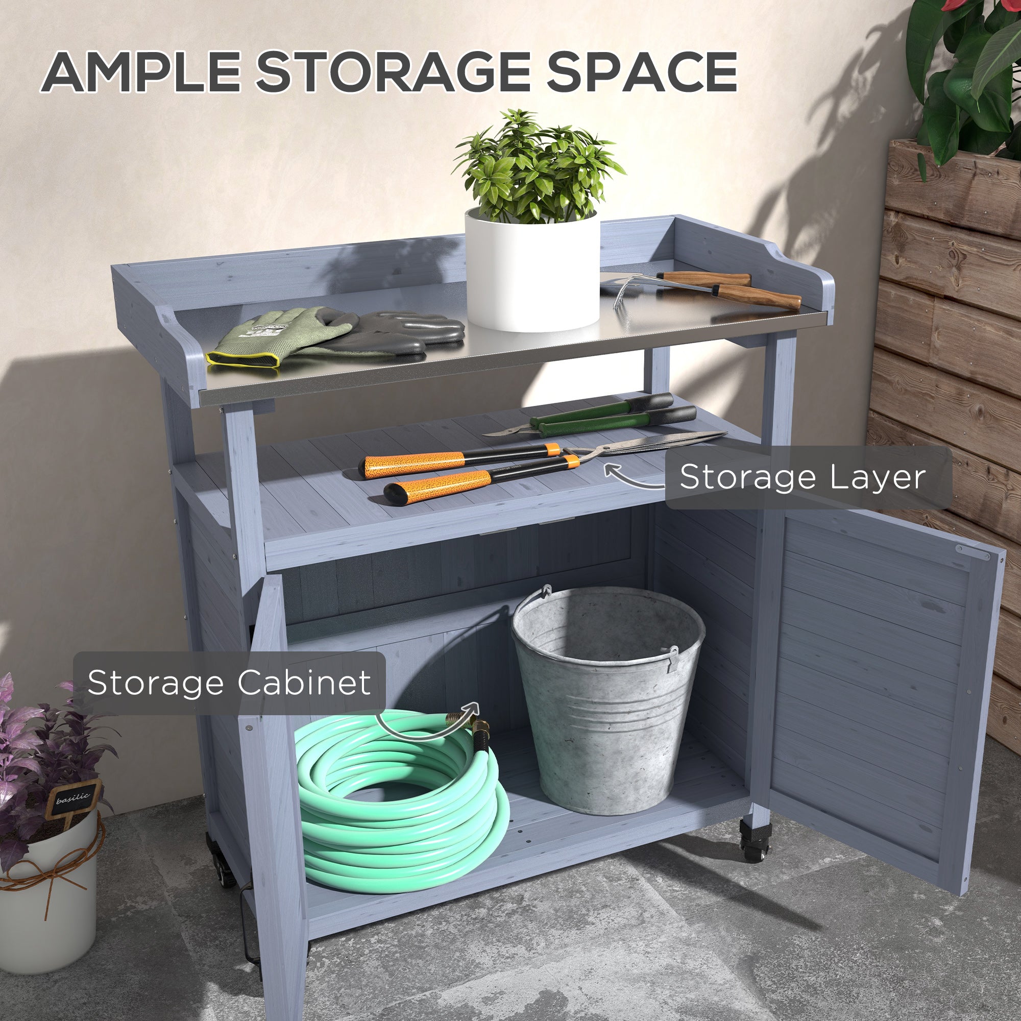 Outdoor Potting Bench, Grey, Wooden, Aluminum Tabletop, Rubber Wheels, Storage-DECOROLALA