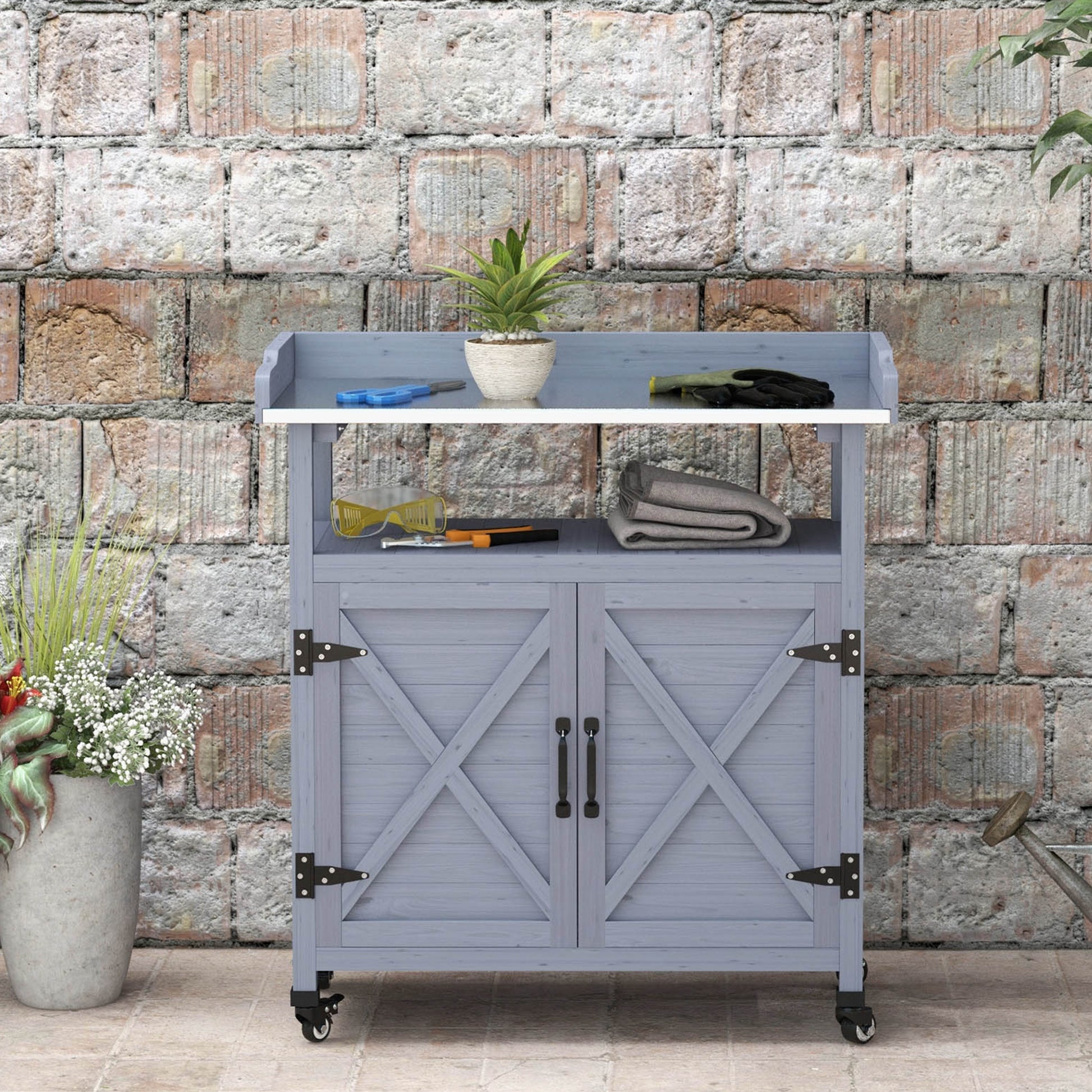 Outdoor Potting Bench, Grey, Wooden, Aluminum Tabletop, Rubber Wheels, Storage-DECOROLALA