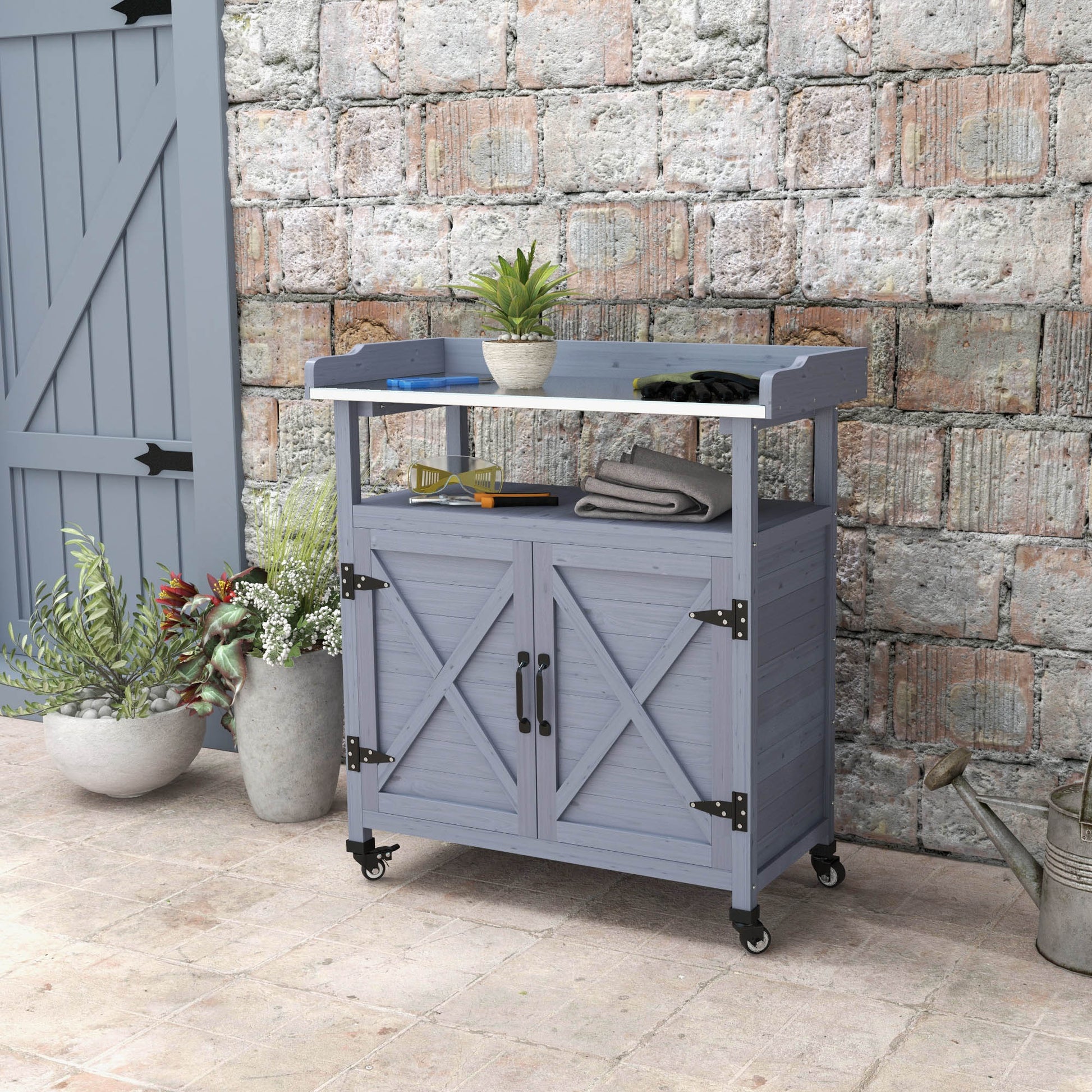 Outdoor Potting Bench, Grey, Wooden, Aluminum Tabletop, Rubber Wheels, Storage-DECOROLALA