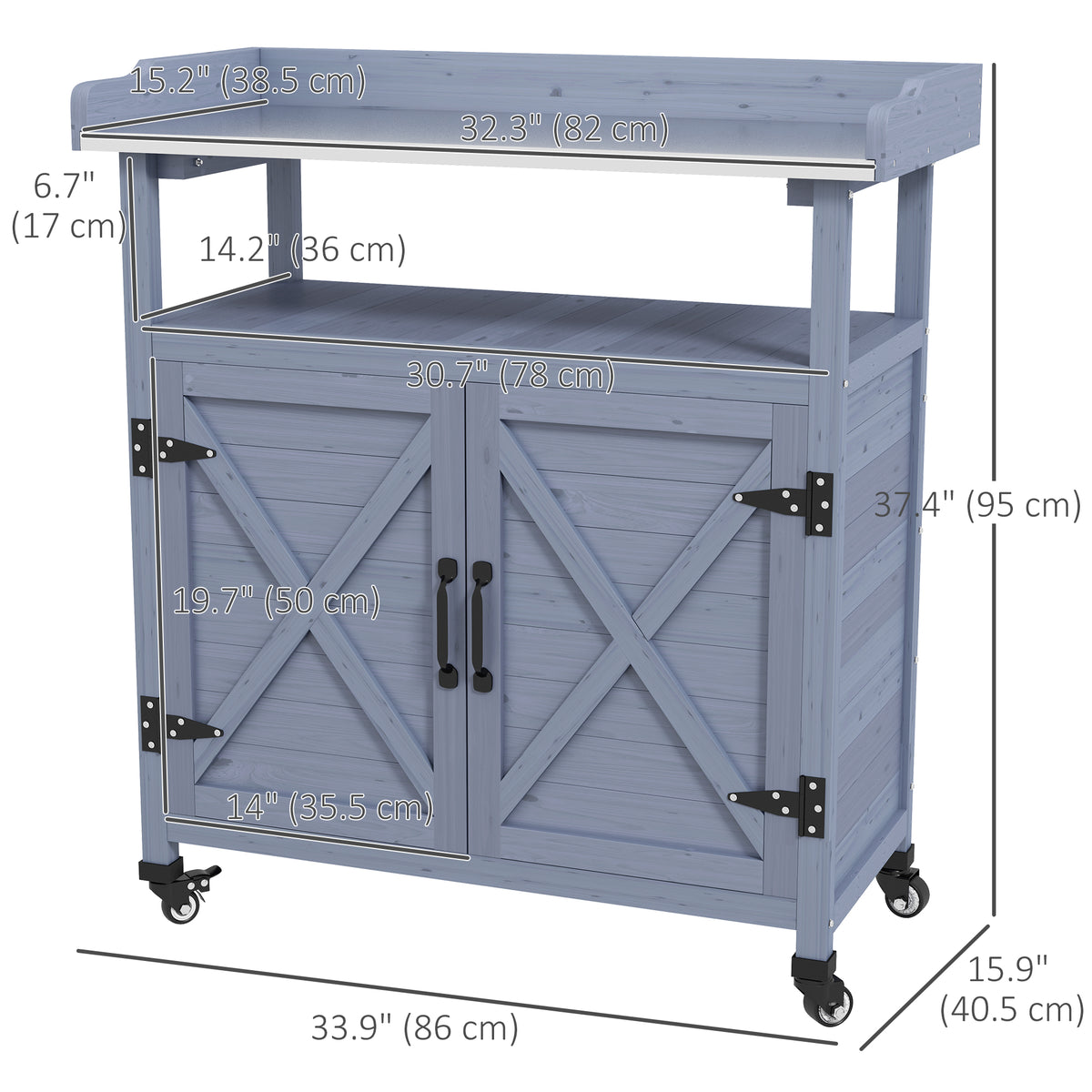 Outdoor Potting Bench, Grey, Wooden, Aluminum Tabletop, Rubber Wheels, Storage-Outdoor Benches-DECOROLALA