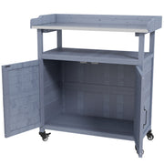 Outdoor Potting Bench, Grey, Wooden, Aluminum Tabletop, Rubber Wheels, Storage-DECOROLALA