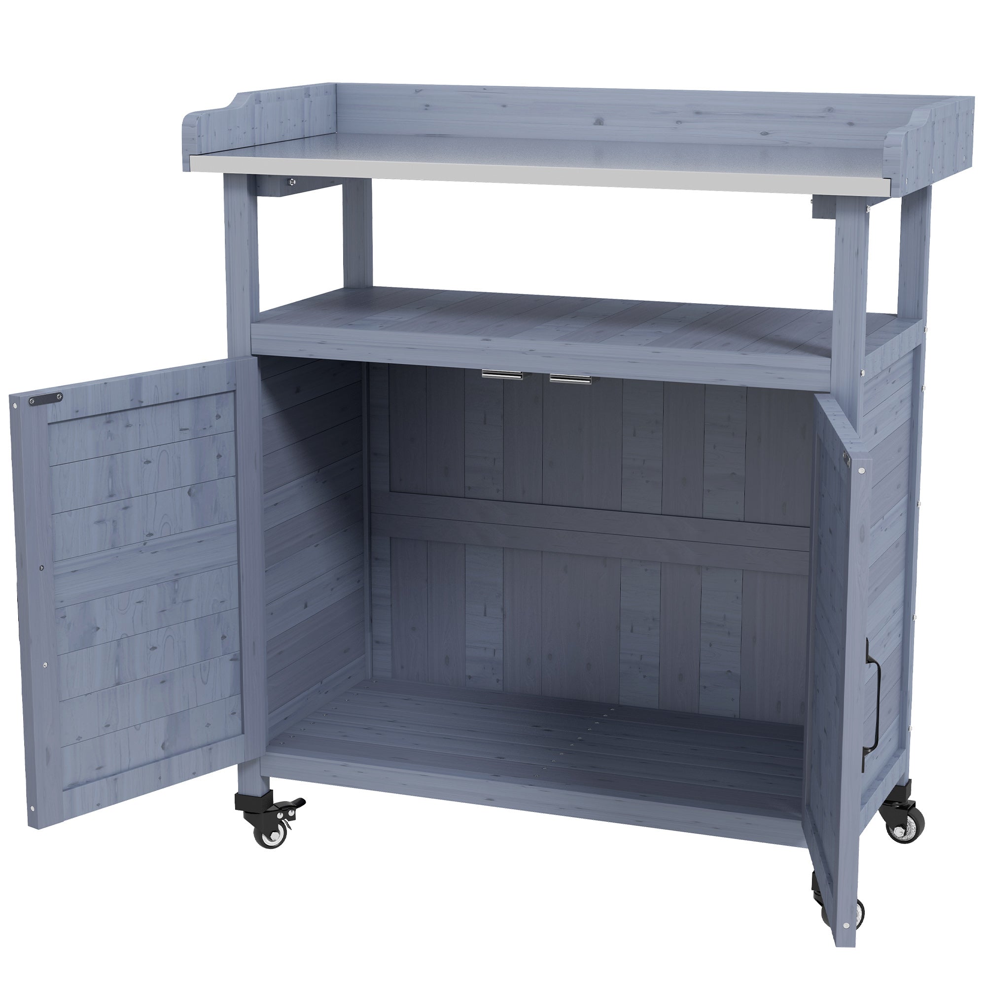 Outdoor Potting Bench, Grey, Wooden, Aluminum Tabletop, Rubber Wheels, Storage-DECOROLALA