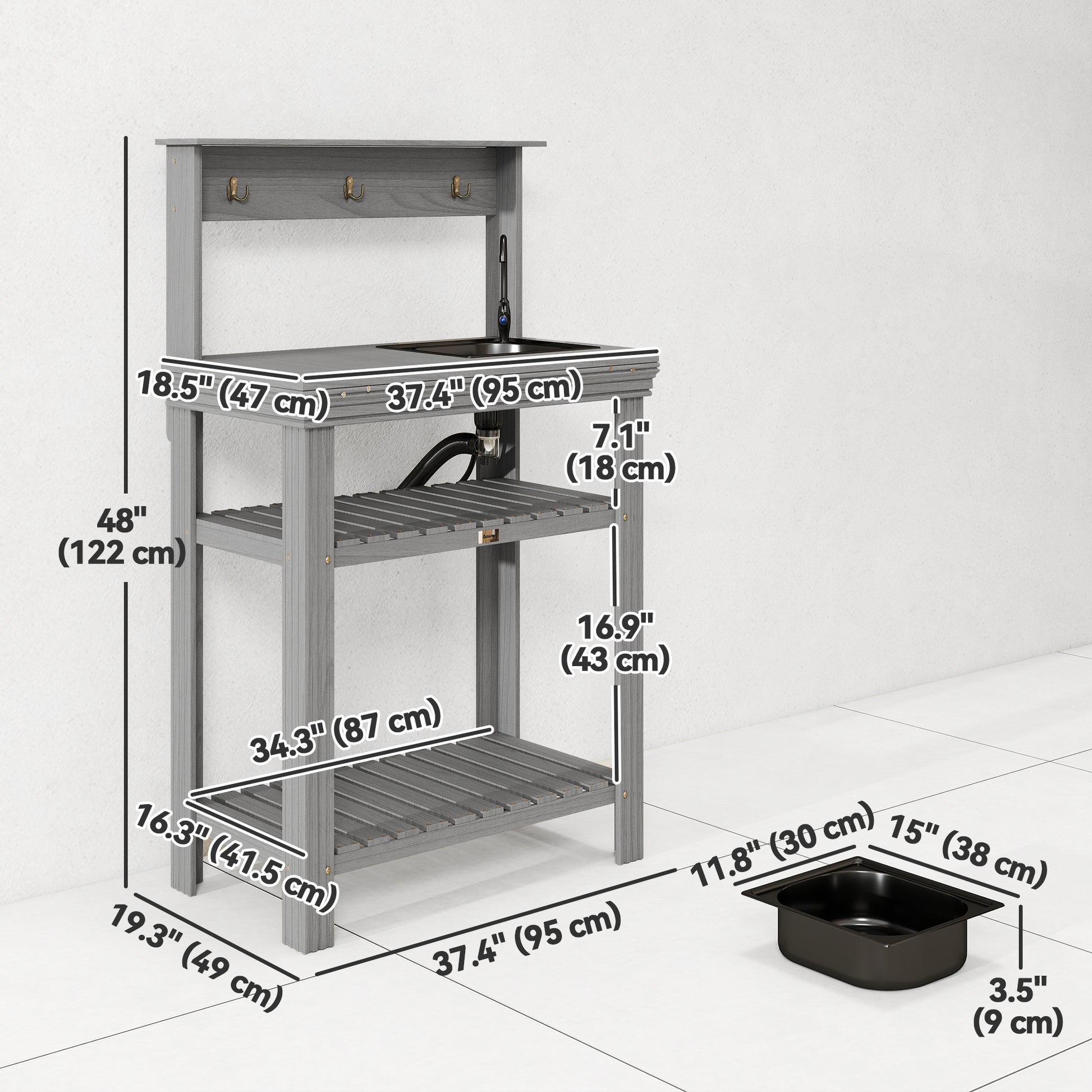 Outdoor Potting Bench Table, Grey Woodwork Station with Sink & Hooks-DECOROLALA