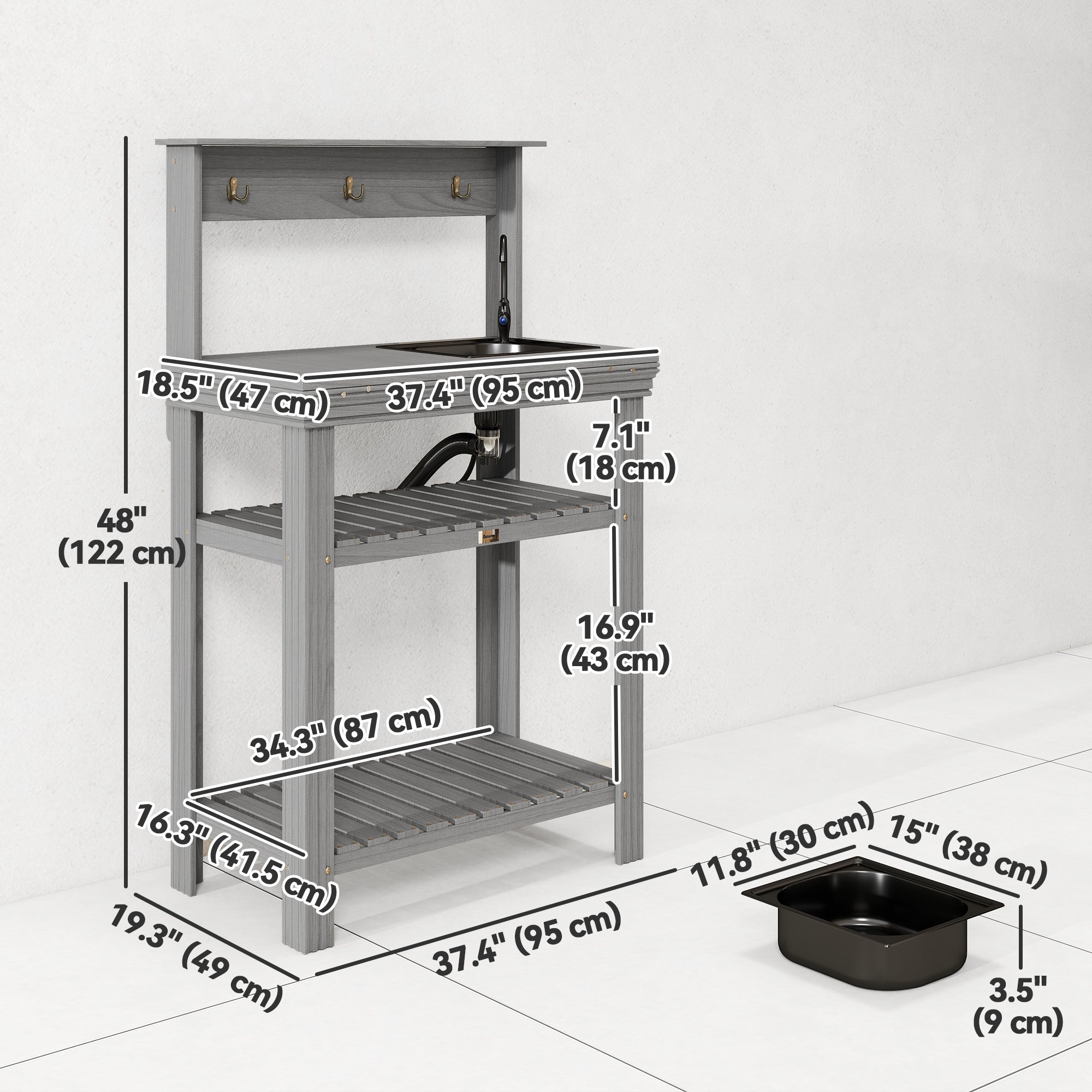 Outdoor Potting Bench Table, Grey Woodwork Station with Sink & Hooks-DECOROLALA