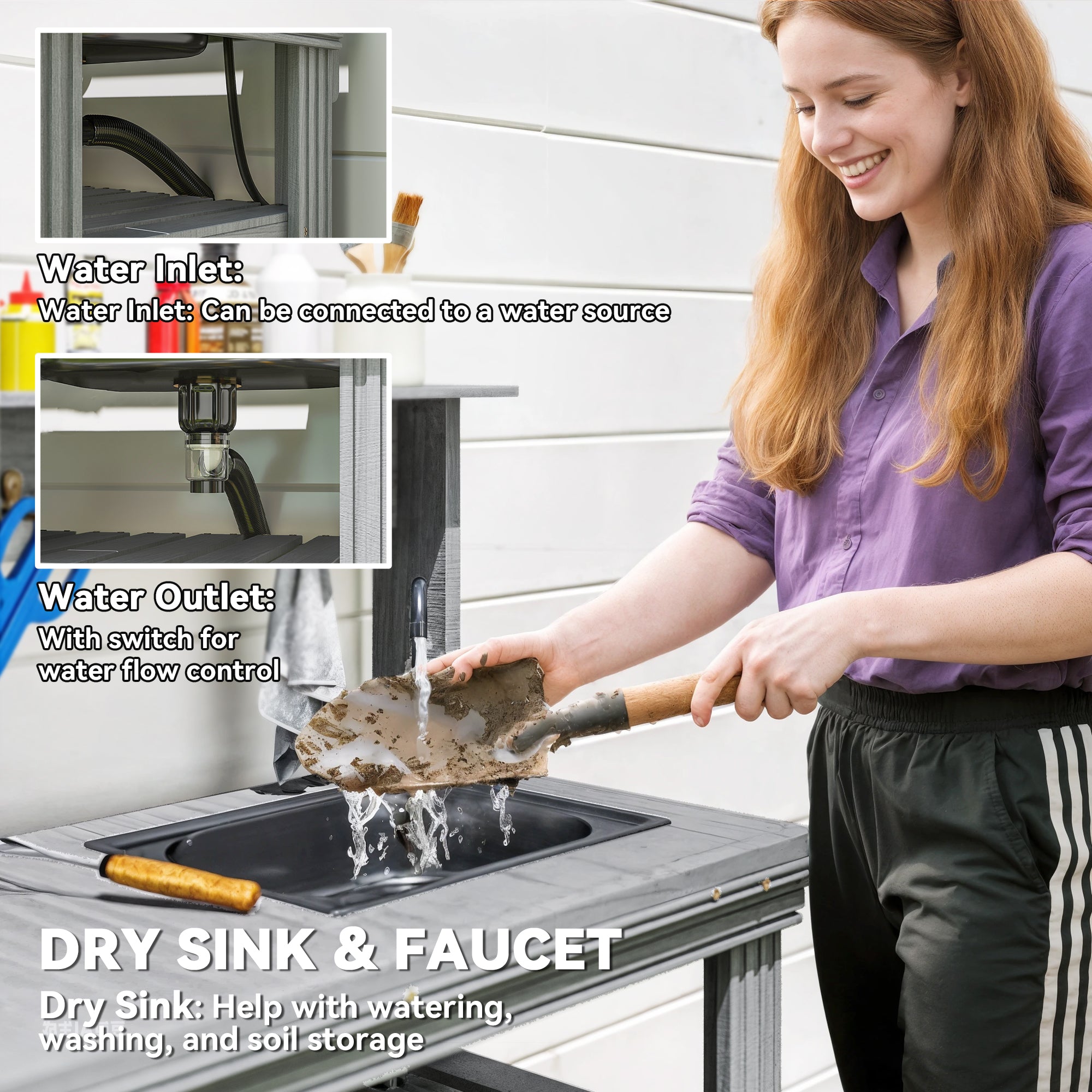 Outdoor Potting Bench Table, Grey Woodwork Station with Sink & Hooks-DECOROLALA