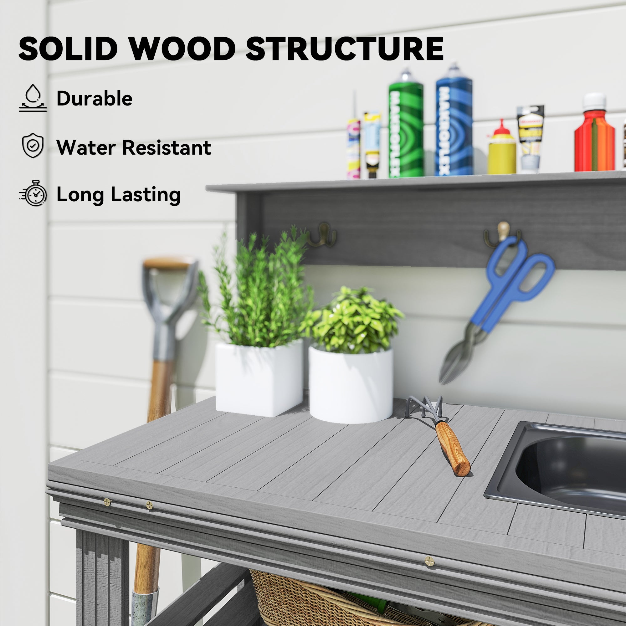 Outdoor Potting Bench Table, Grey Woodwork Station with Sink & Hooks-DECOROLALA