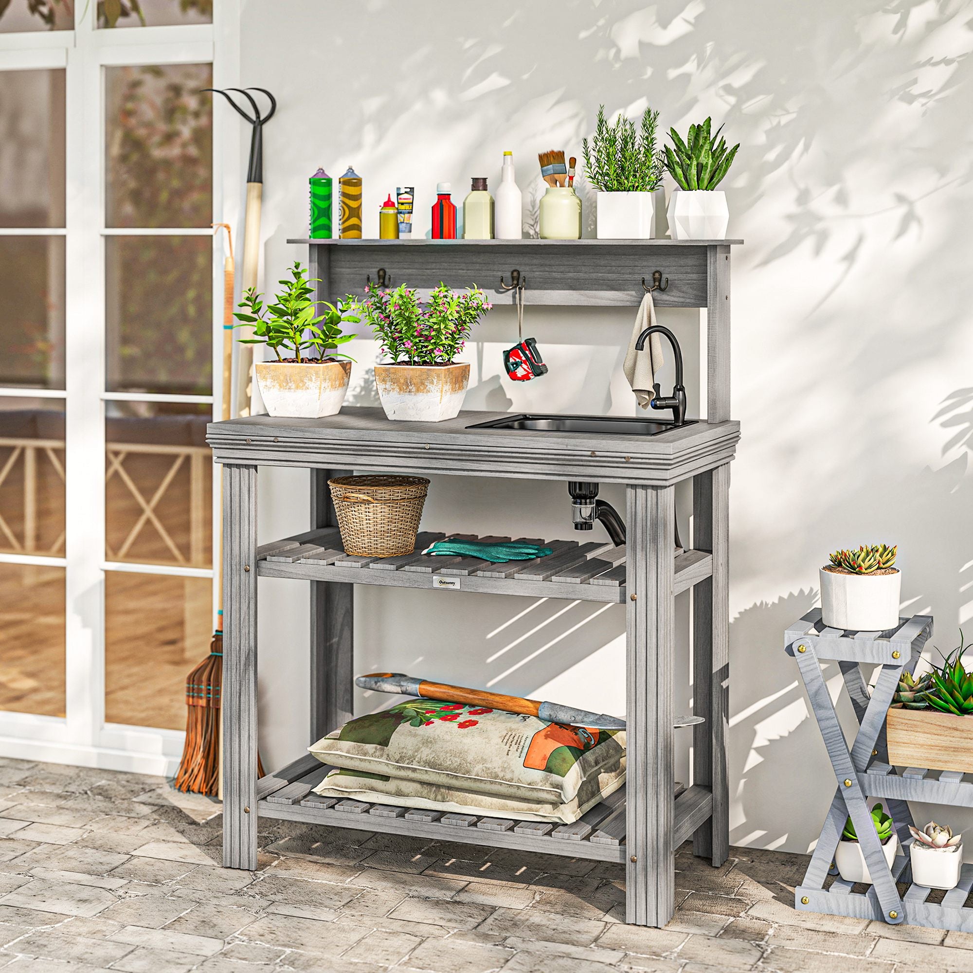 Outdoor Potting Bench Table, Grey Woodwork Station with Sink & Hooks-DECOROLALA