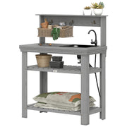 Outdoor Potting Bench Table, Grey Woodwork Station with Sink & Hooks-DECOROLALA