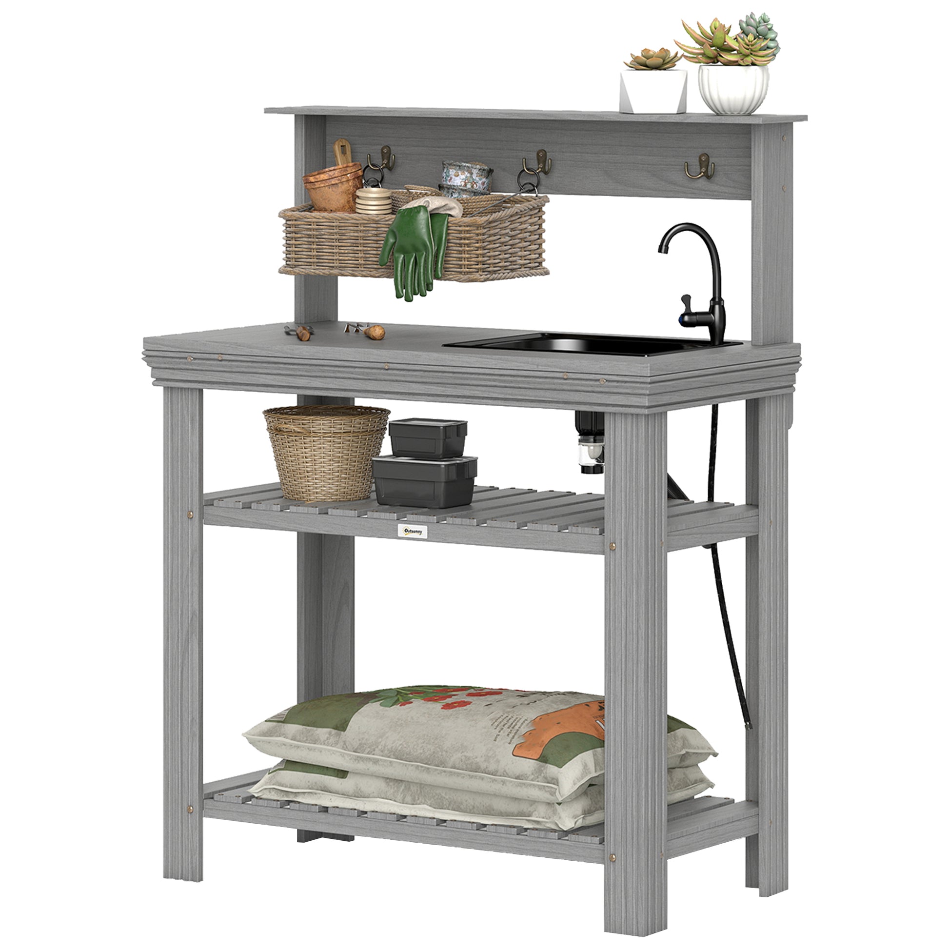 Outdoor Potting Bench Table, Grey Woodwork Station with Sink & Hooks-DECOROLALA