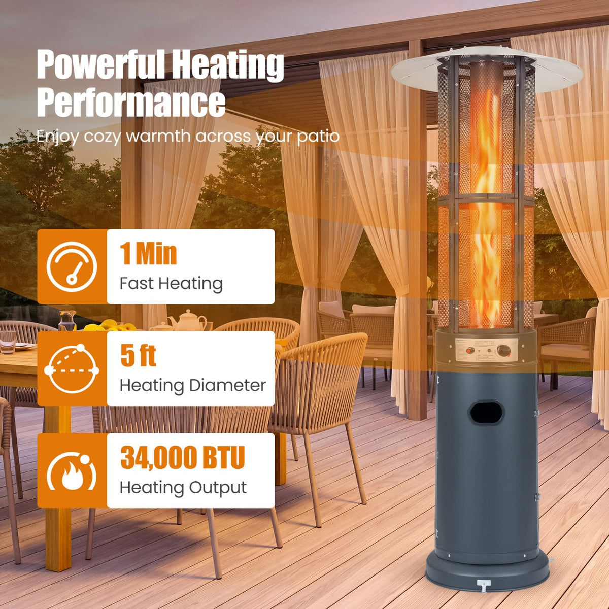 Outdoor Propane Patio Heater with Glass Tube and Tilt-Over Protection-Darkgray-Patio Heaters-DECOROLALA