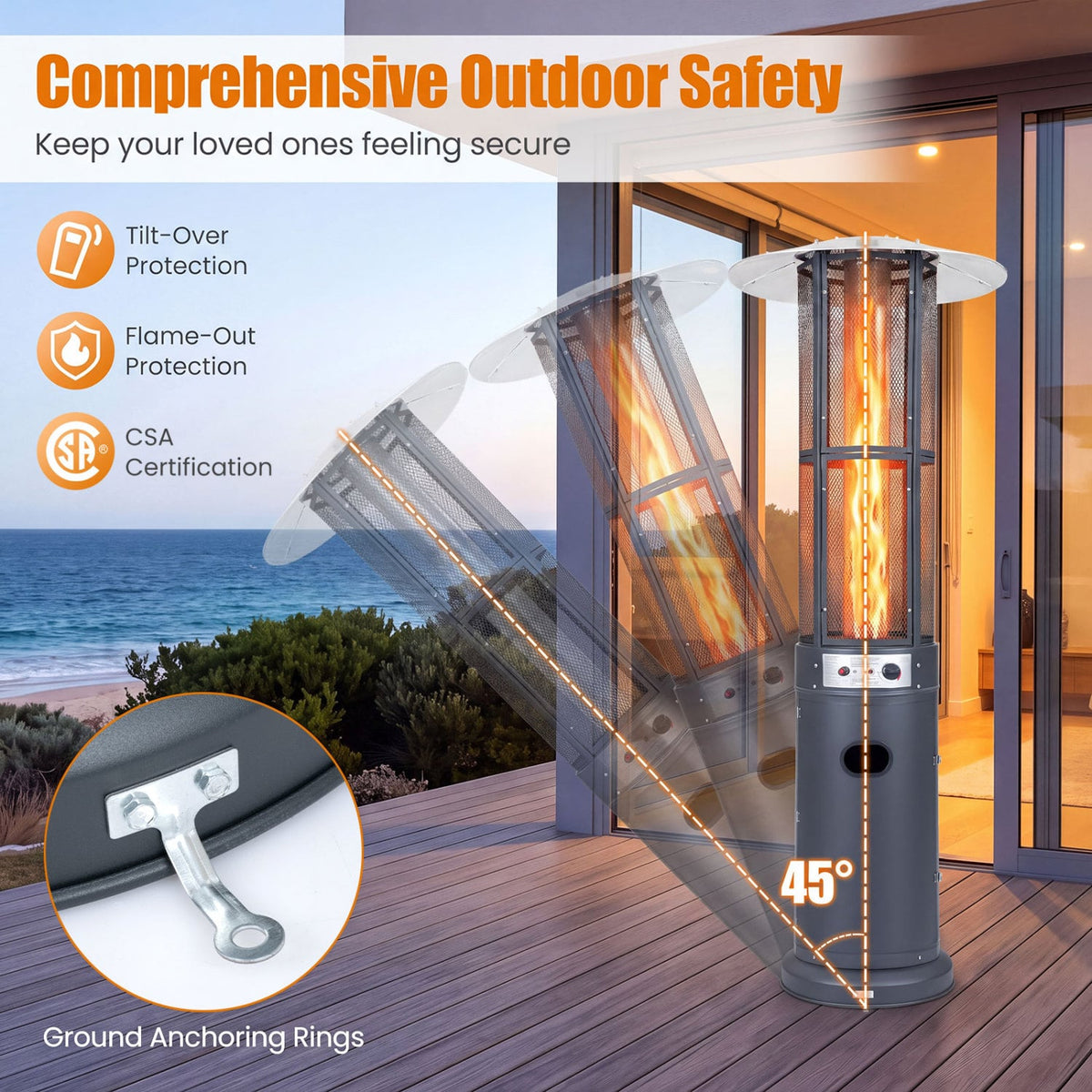 Outdoor Propane Patio Heater with Glass Tube and Tilt-Over Protection-Darkgray-Patio Heaters-DECOROLALA