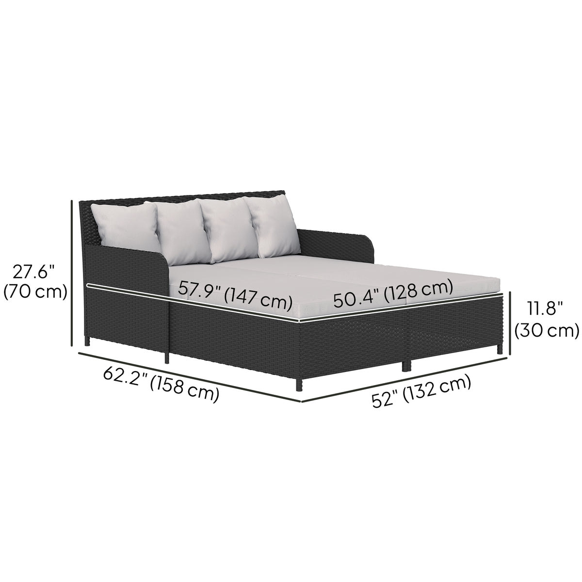 Outdoor Rattan Daybed, Light Grey, 4 Pillows, UV-Resistant, Patio Lounge Bed-Outdoor Chaise Lounges-DECOROLALA