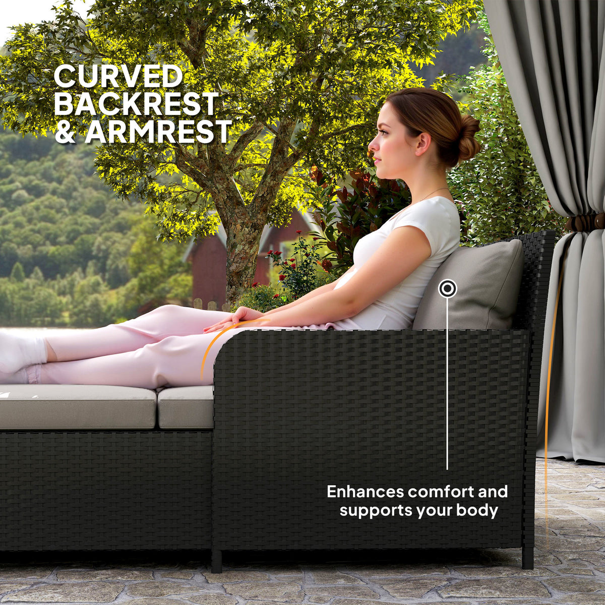 Outdoor Rattan Daybed, Light Grey, 4 Pillows, UV-Resistant, Patio Lounge Bed-Outdoor Chaise Lounges-DECOROLALA