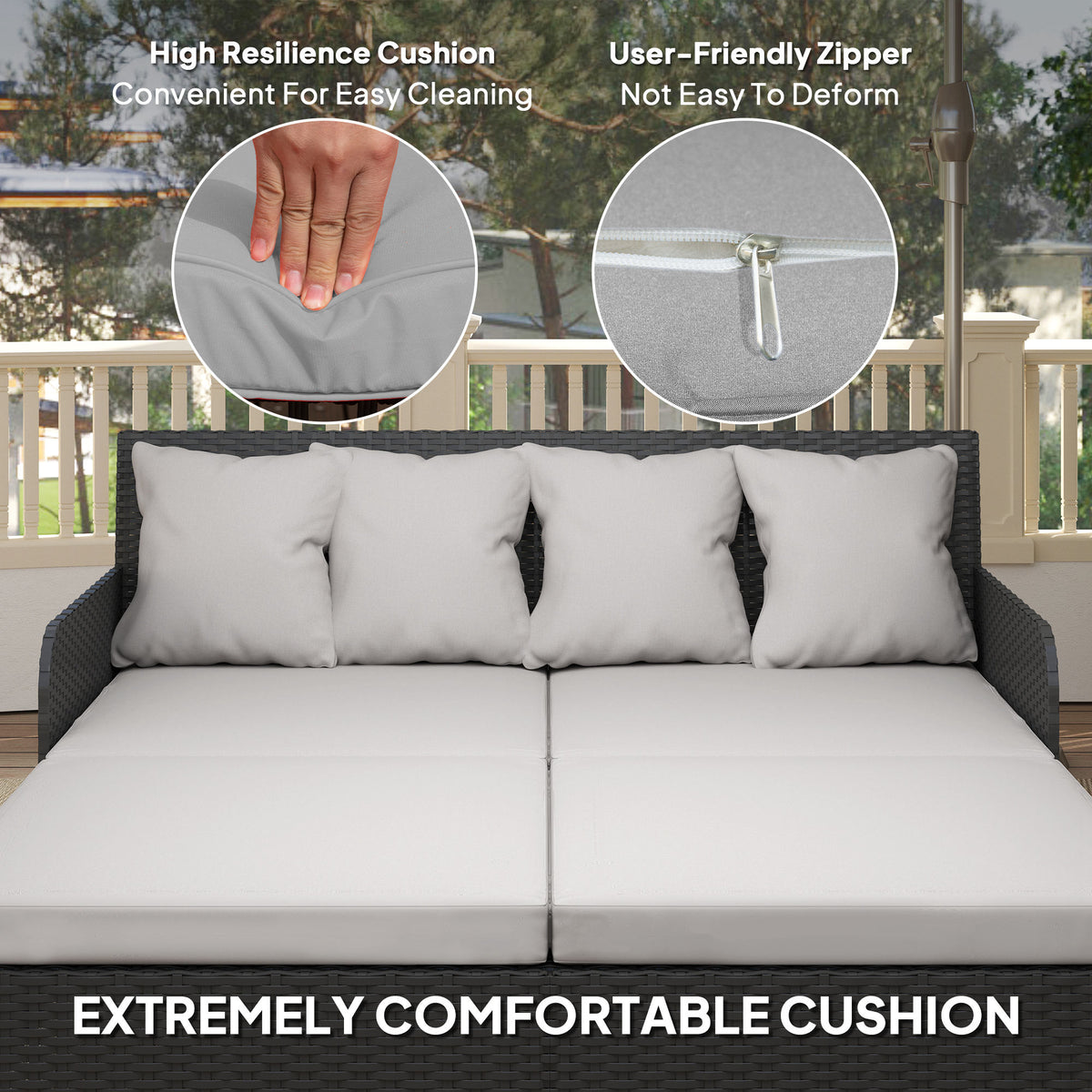 Outdoor Rattan Daybed, Light Grey, 4 Pillows, UV-Resistant, Patio Lounge Bed-Outdoor Chaise Lounges-DECOROLALA