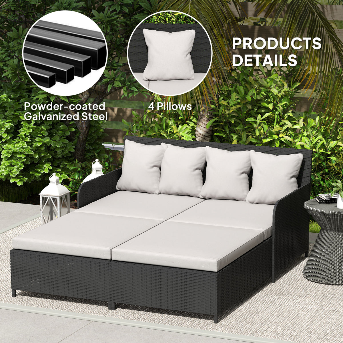 Outdoor Rattan Daybed, Light Grey, 4 Pillows, UV-Resistant, Patio Lounge Bed-Outdoor Chaise Lounges-DECOROLALA