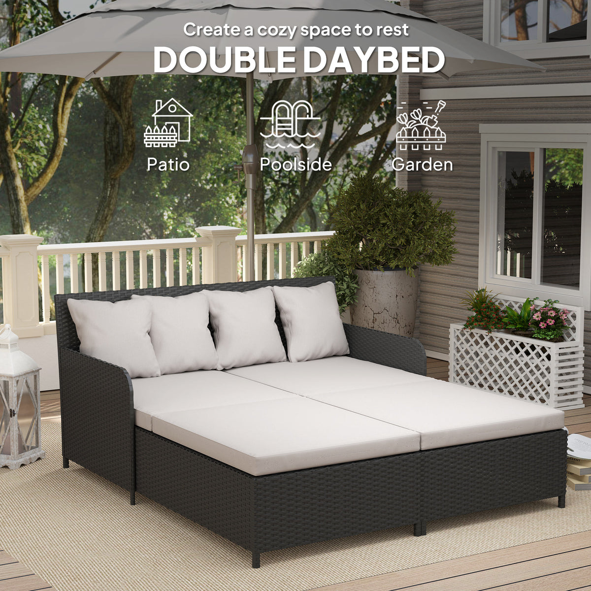 Outdoor Rattan Daybed, Light Grey, 4 Pillows, UV-Resistant, Patio Lounge Bed-Outdoor Chaise Lounges-DECOROLALA