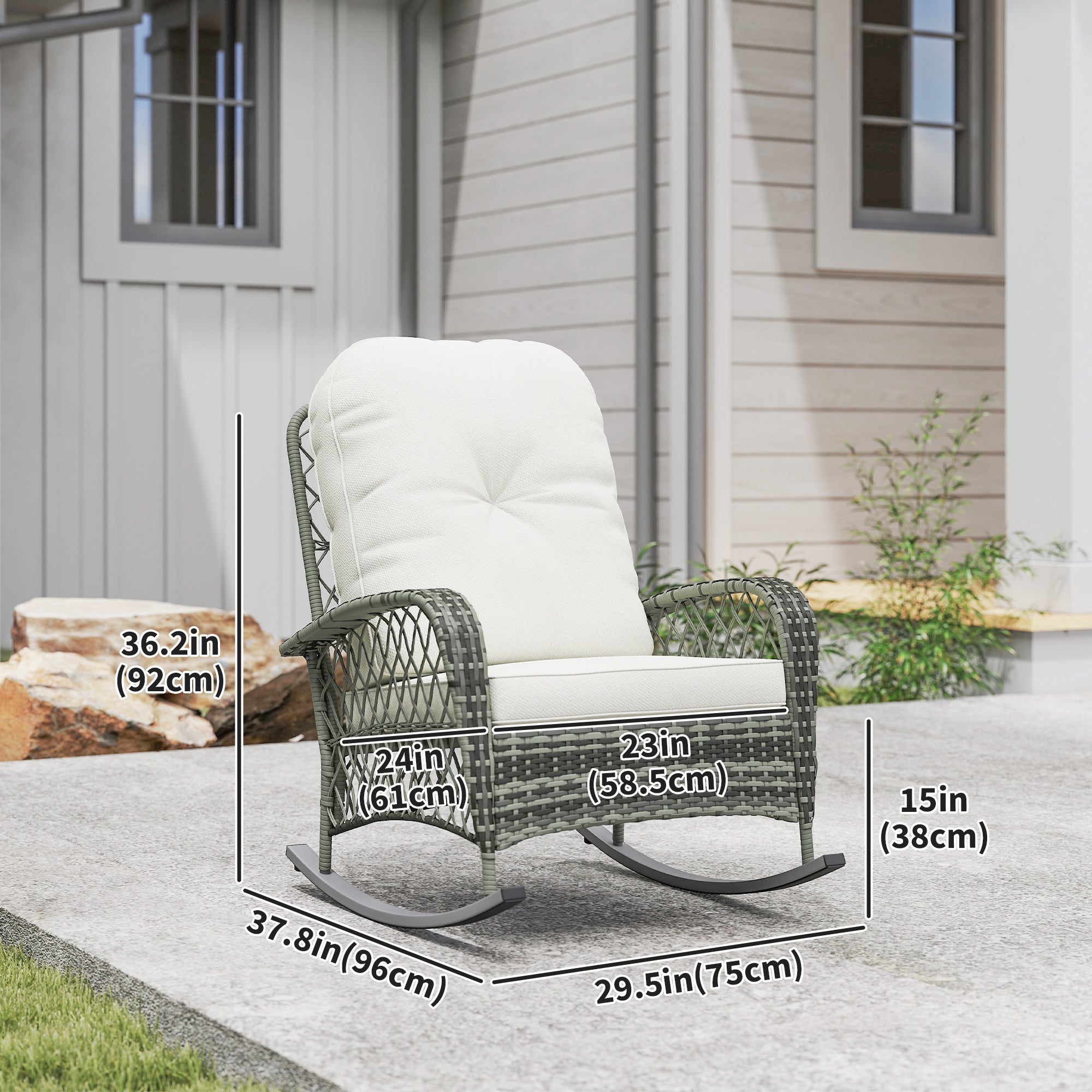 Outdoor Rattan Rocking Chair with Thick Cushions, Khaki, Garden Patio Furniture-DECOROLALA
