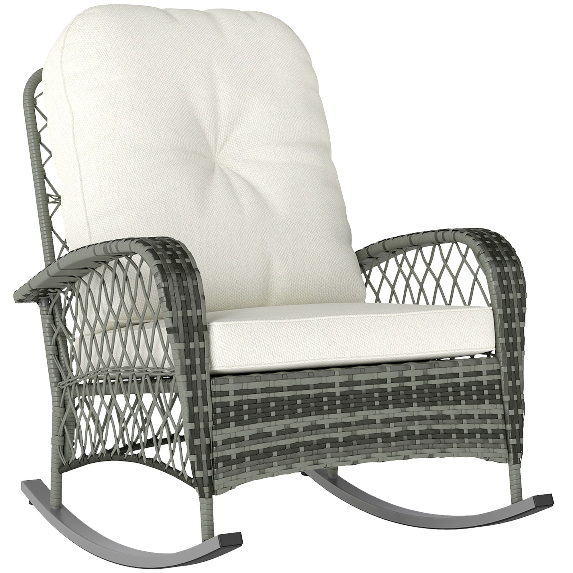 Outdoor Rattan Rocking Chair with Thick Cushions, Khaki, Garden Patio Furniture-DECOROLALA