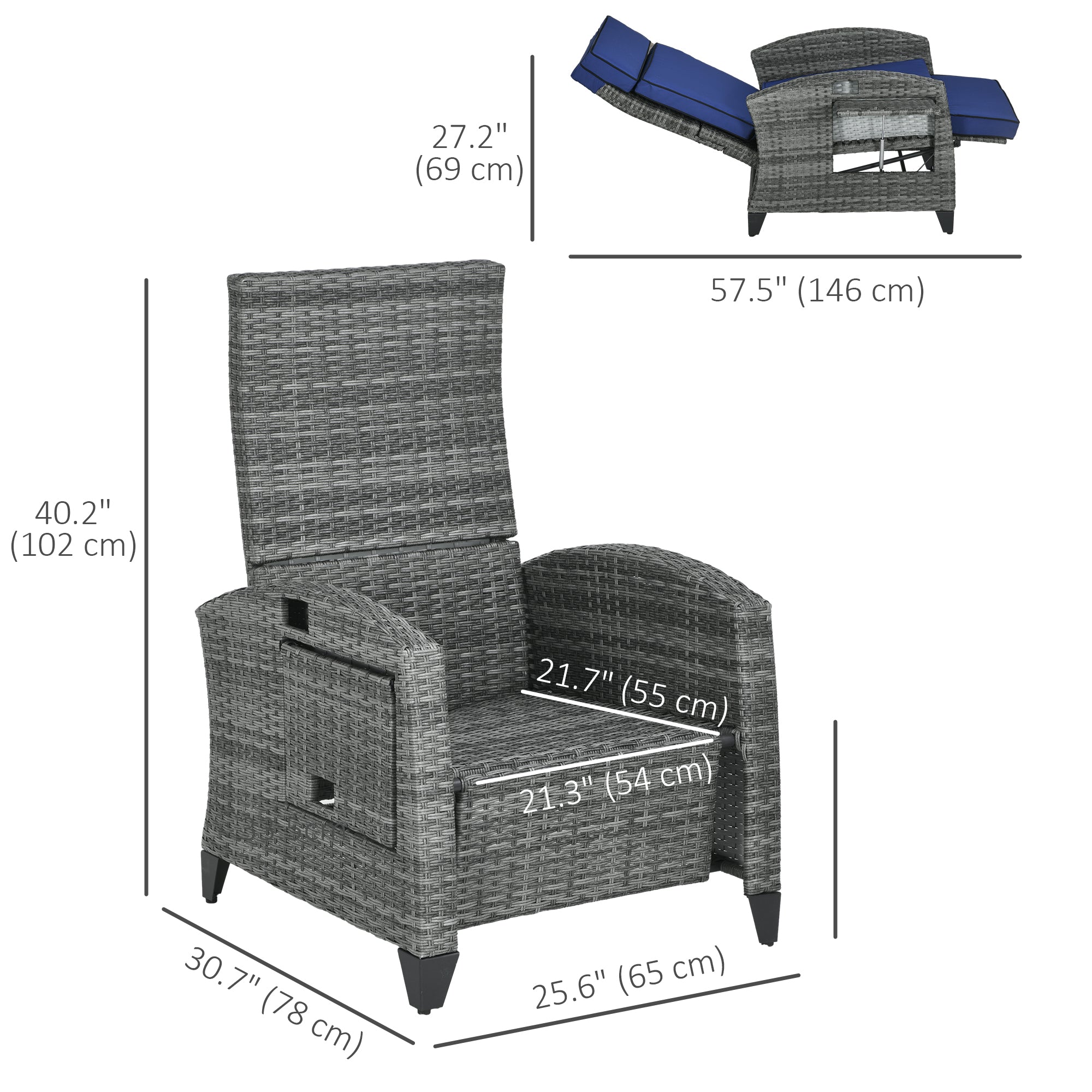 Outdoor Recliner Chair - Dark Blue Adjustable-DECOROLALA