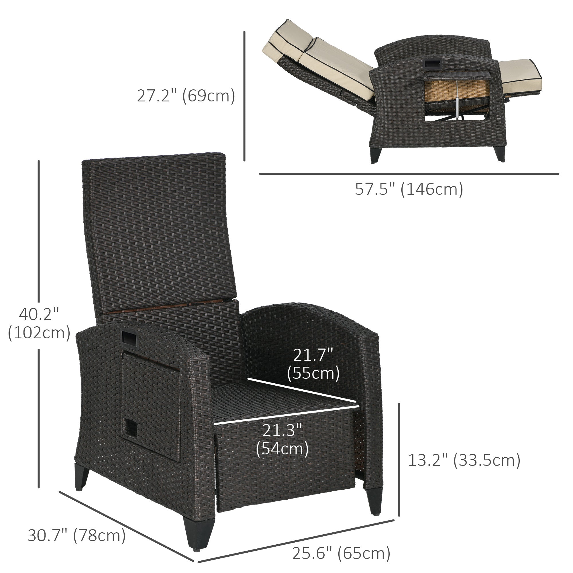 Outdoor Recliner Chair Khaki Adjustable Wicker 352lbs-DECOROLALA
