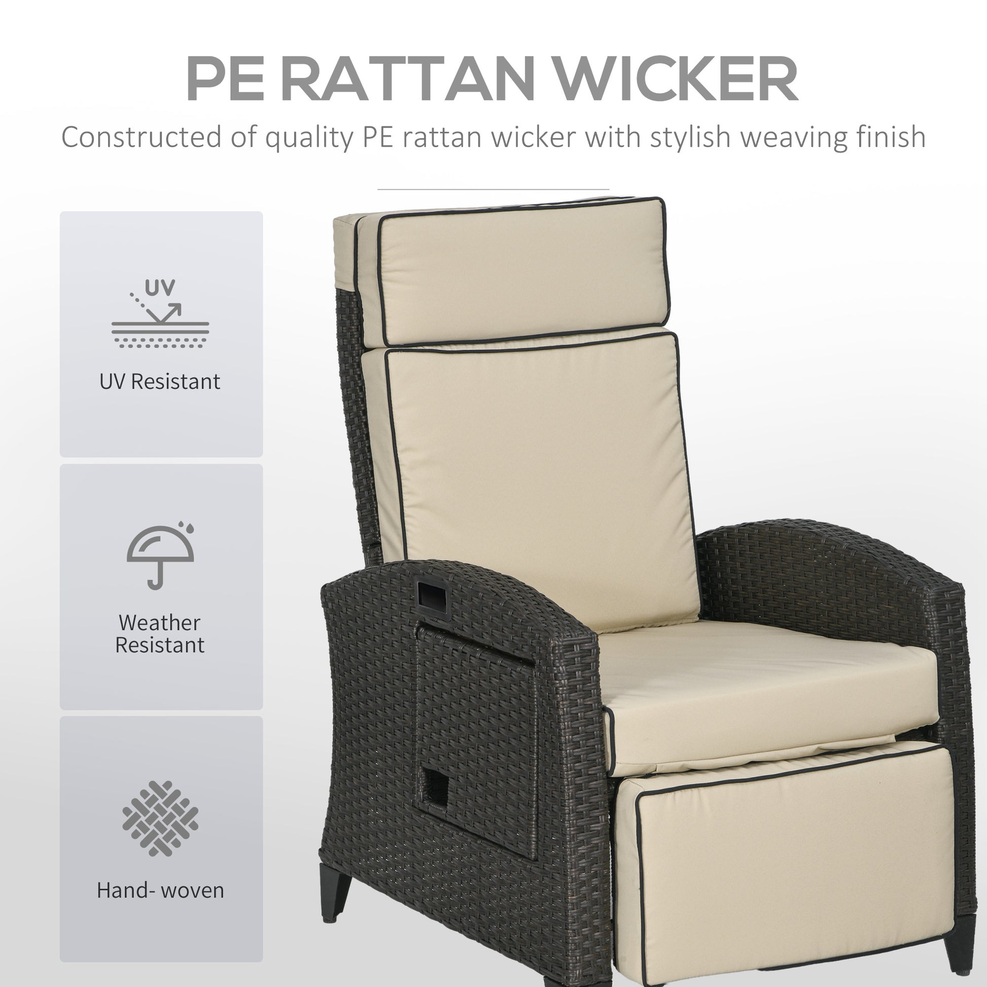 Outdoor Recliner Chair Khaki Adjustable Wicker 352lbs-DECOROLALA