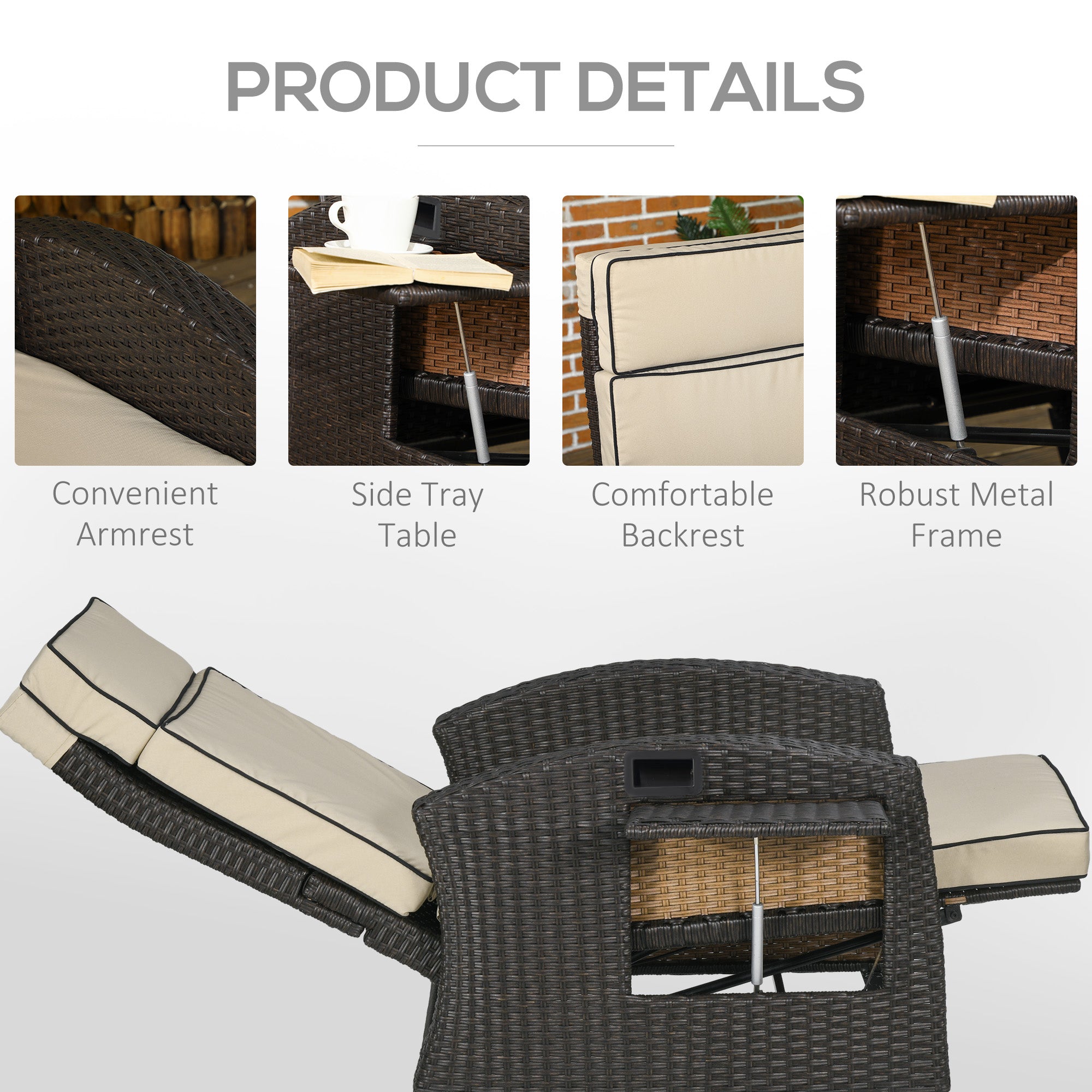 Outdoor Recliner Chair Khaki Adjustable Wicker 352lbs-DECOROLALA