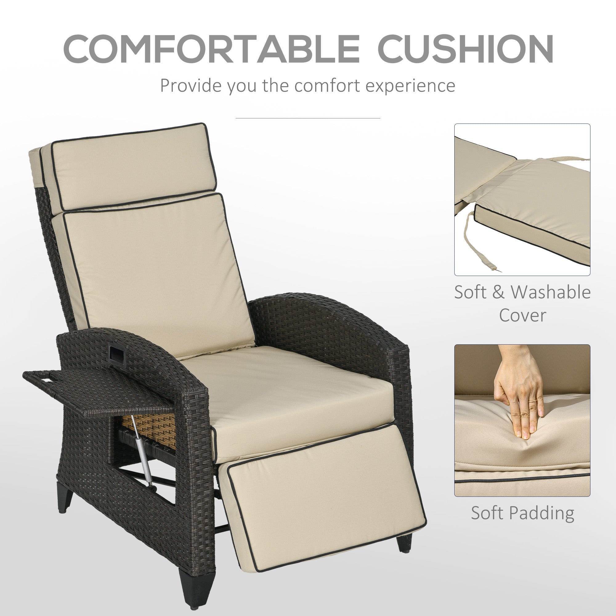 Outdoor Recliner Chair Khaki Adjustable Wicker 352lbs-DECOROLALA