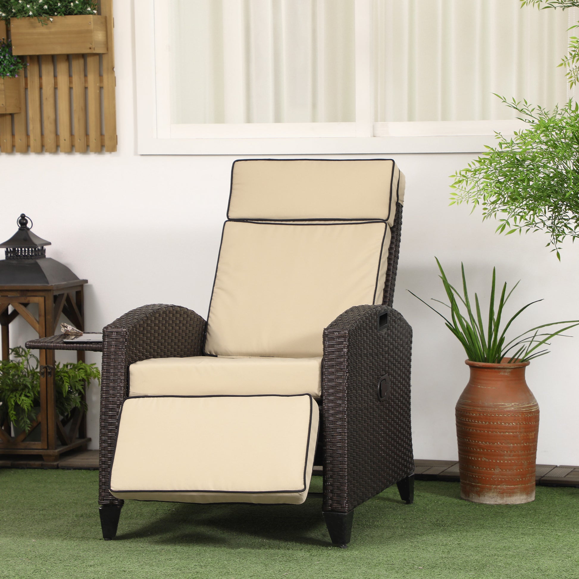 Outdoor Recliner Chair Khaki Adjustable Wicker 352lbs-DECOROLALA