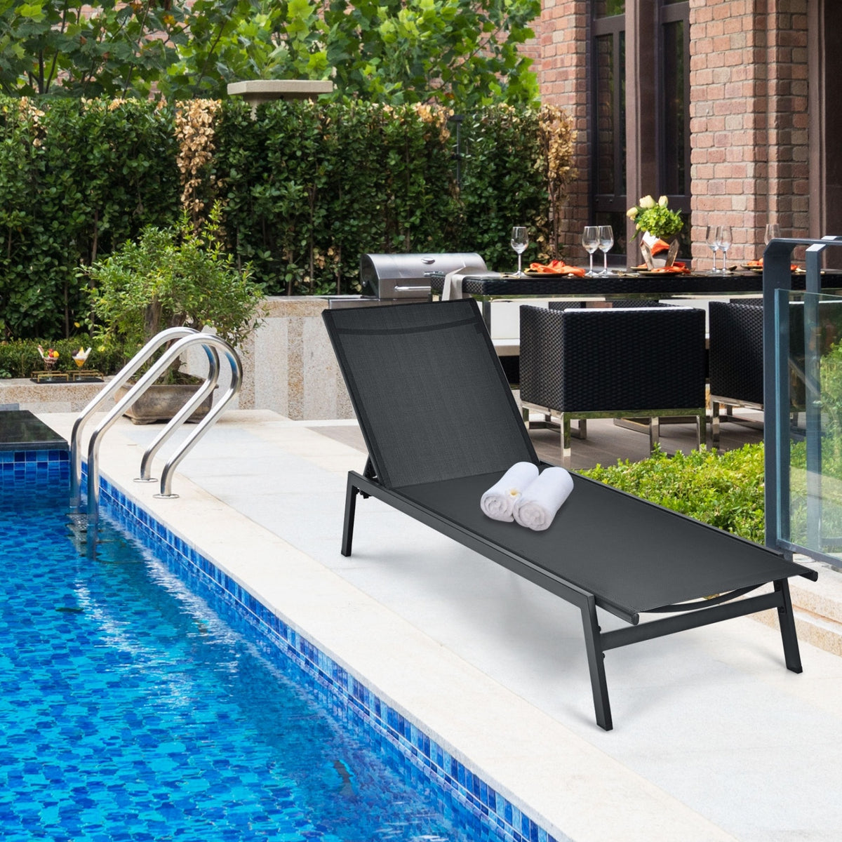 Outdoor Reclining Chaise Lounge Chair with 6-Position Adjustable Back-Black-Outdoor Chaise Lounges-DECOROLALA