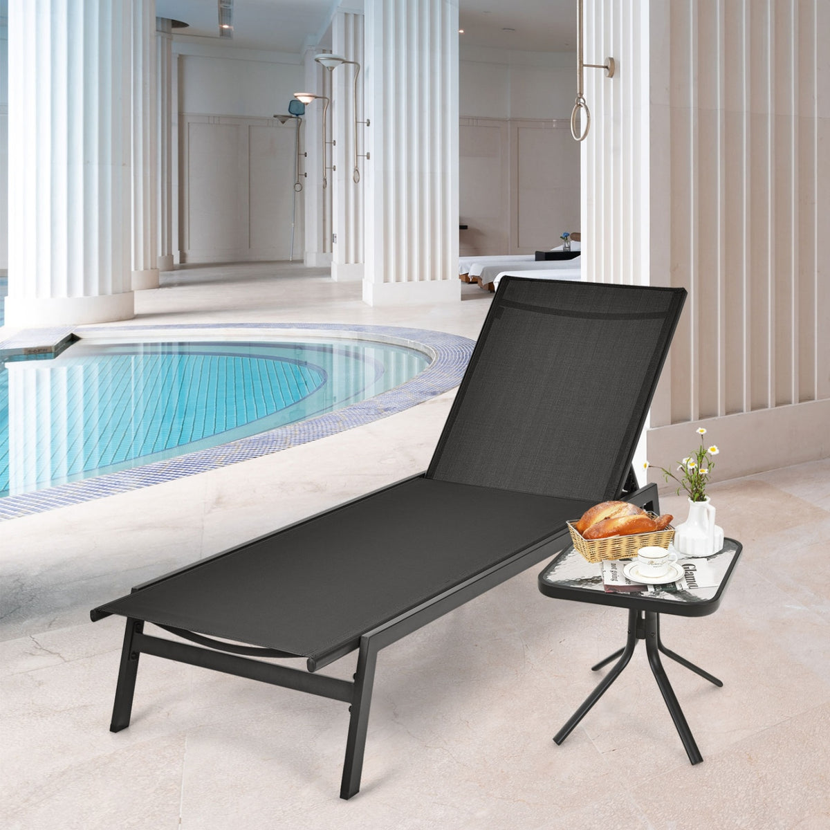 Outdoor Reclining Chaise Lounge Chair with 6-Position Adjustable Back-Black-Outdoor Chaise Lounges-DECOROLALA