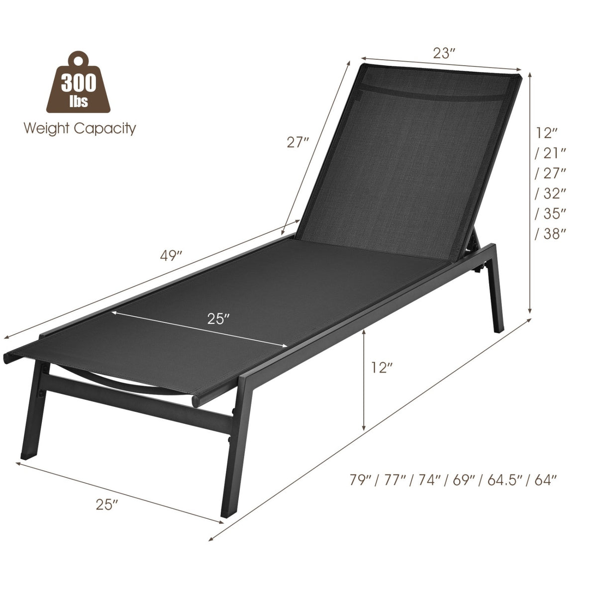 Outdoor Reclining Chaise Lounge Chair with 6-Position Adjustable Back-Black-Outdoor Chaise Lounges-DECOROLALA