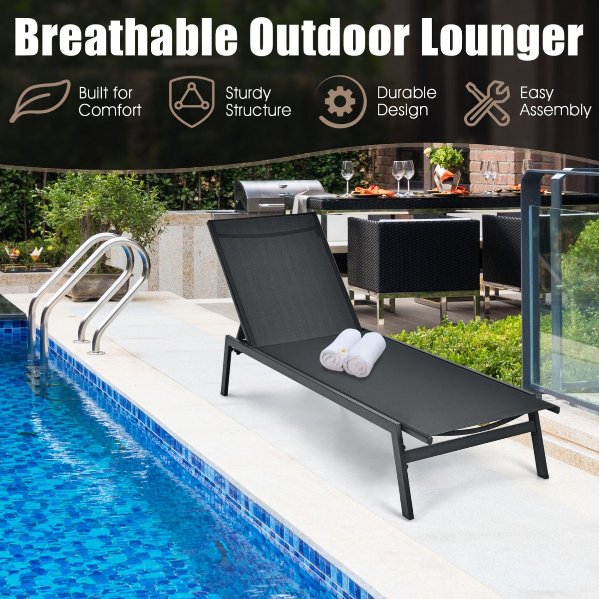 Outdoor Reclining Chaise Lounge Chair with 6-Position Adjustable Back-Black-Outdoor Chaise Lounges-DECOROLALA