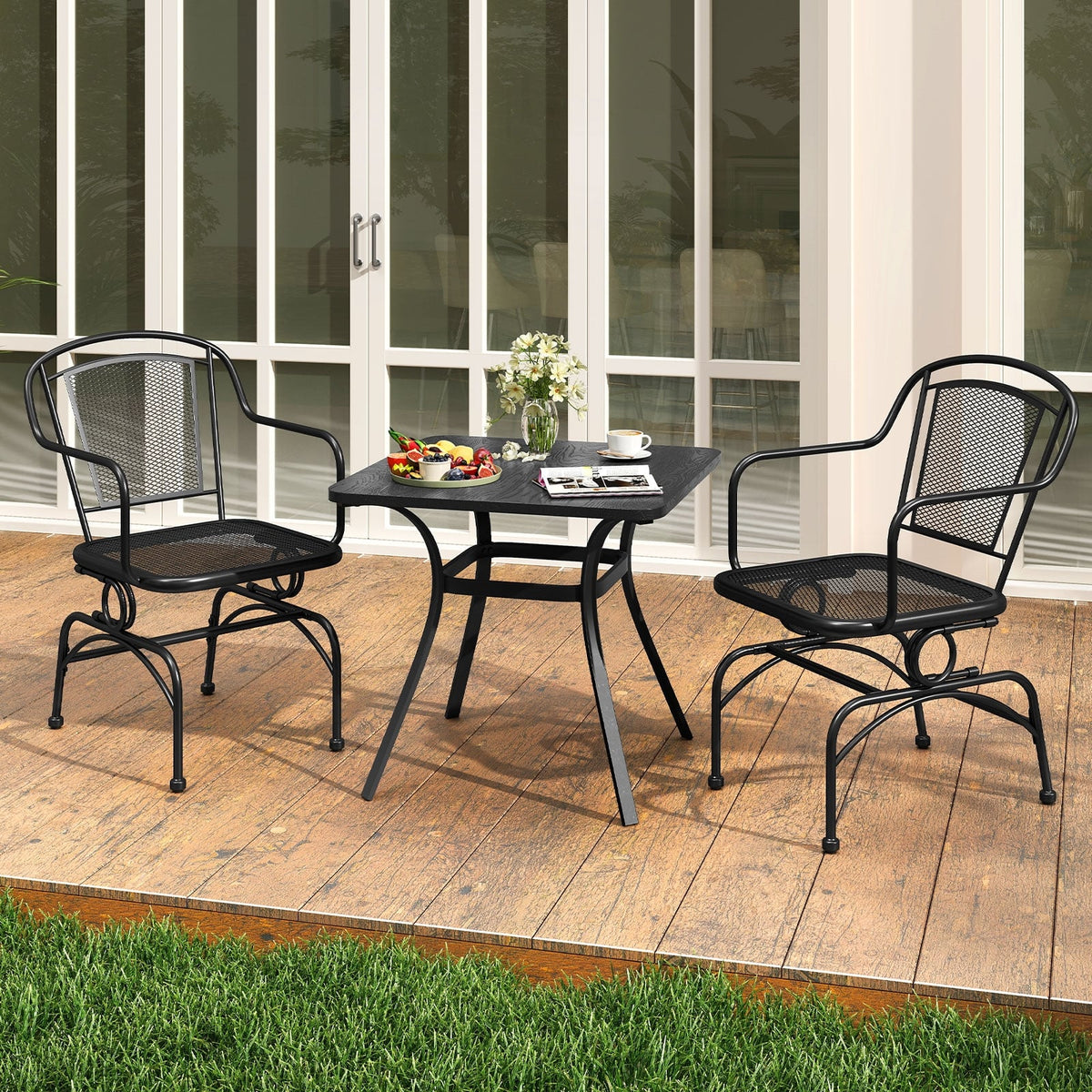 Outdoor Rocking Chair Set of 2 with Mesh Backrest and Seat for Yard-Black-Outdoor Rocking Chairs & Gliders-DECOROLALA