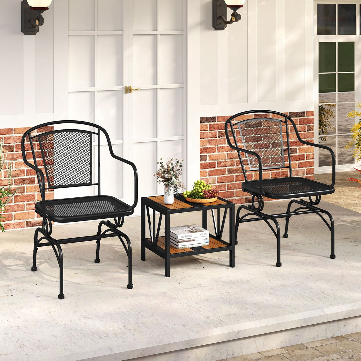 Outdoor Rocking Chair Set of 2 with Mesh Backrest and Seat for Yard-Black-Outdoor Rocking Chairs & Gliders-DECOROLALA