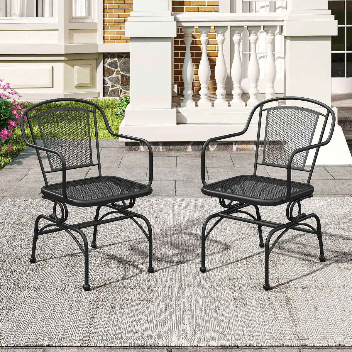 Outdoor Rocking Chair Set of 2 with Mesh Backrest and Seat for Yard-Black-Outdoor Rocking Chairs & Gliders-DECOROLALA