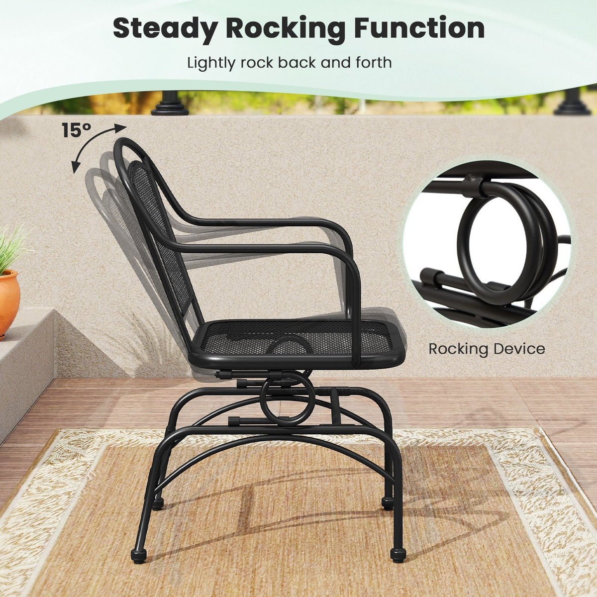 Outdoor Rocking Chair Set of 2 with Mesh Backrest and Seat for Yard-Black-Outdoor Rocking Chairs & Gliders-DECOROLALA