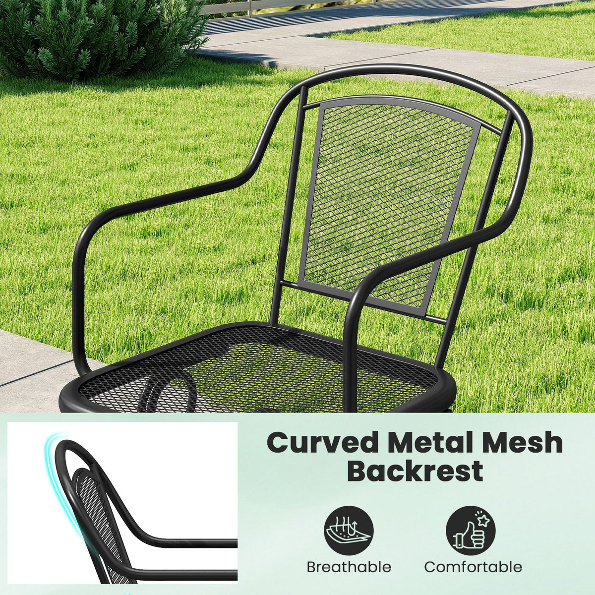 Outdoor Rocking Chair Set of 2 with Mesh Backrest and Seat for Yard-Black-Outdoor Rocking Chairs & Gliders-DECOROLALA