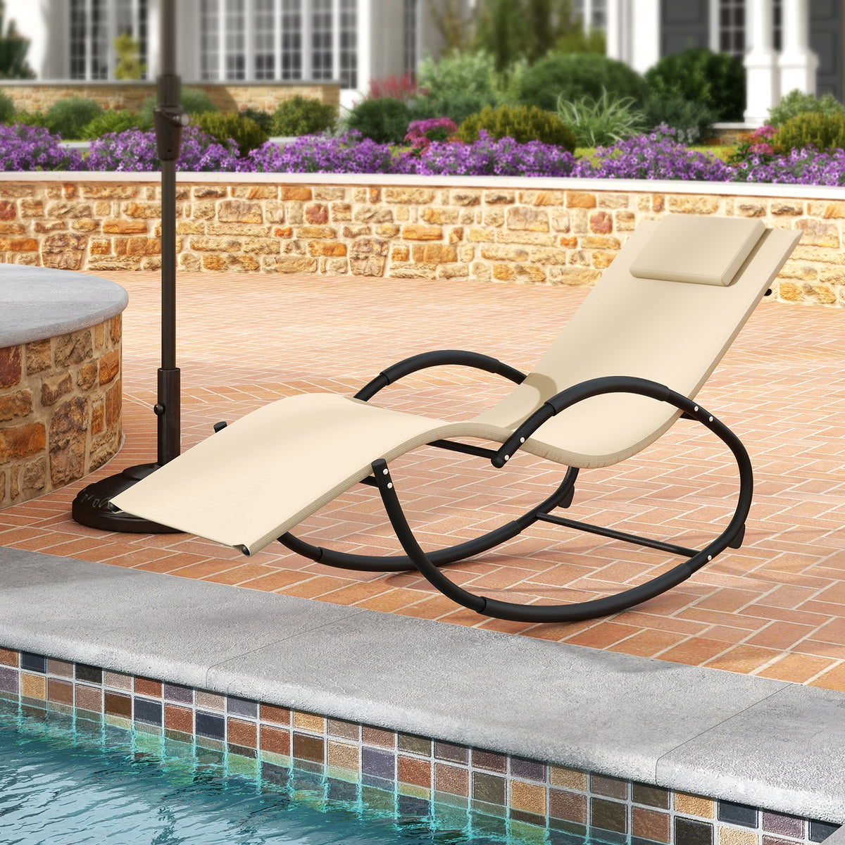 Outdoor Rocking Lounge Chair with Removable Headrest-Beige-Outdoor Rocking Chairs & Gliders-DECOROLALA