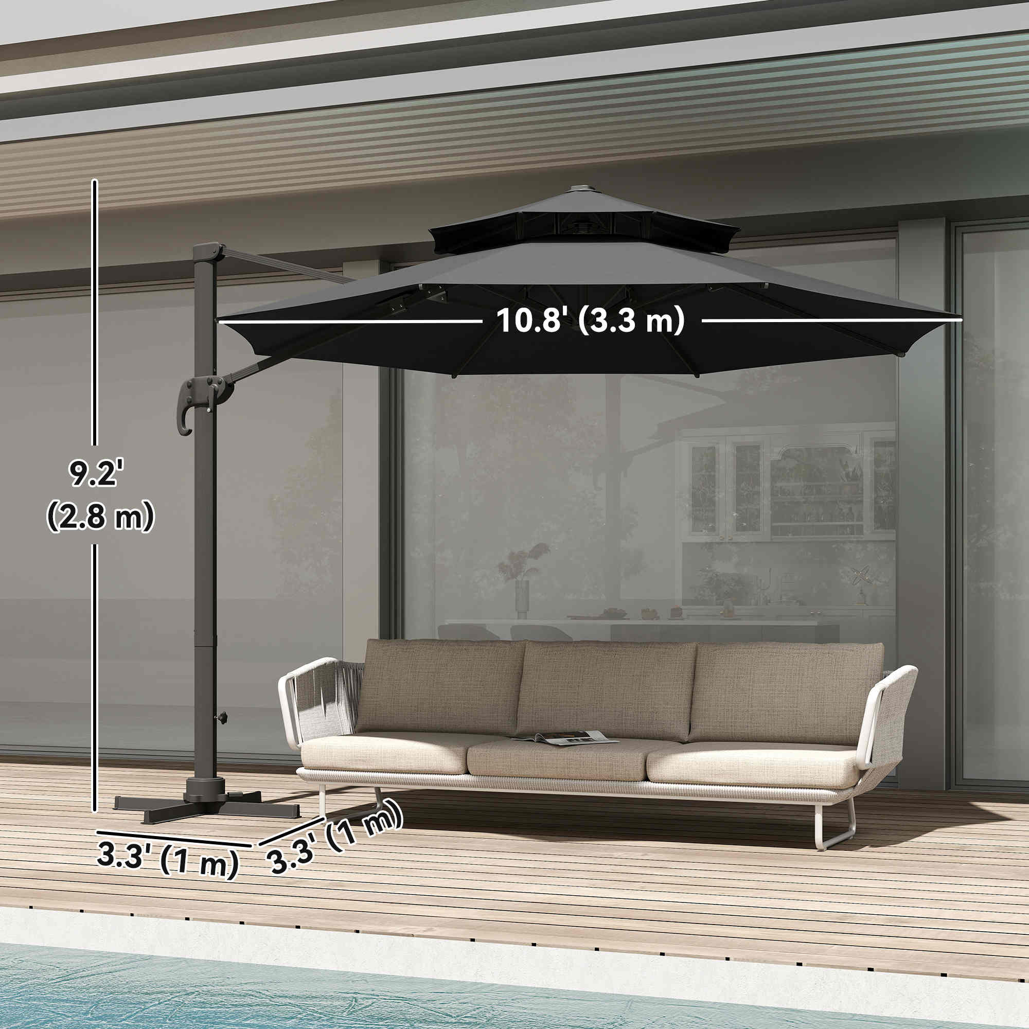 Outdoor Rotatable Cantilever Umbrella - Dark Grey, 11ft Aluminum Shade-DECOROLALA